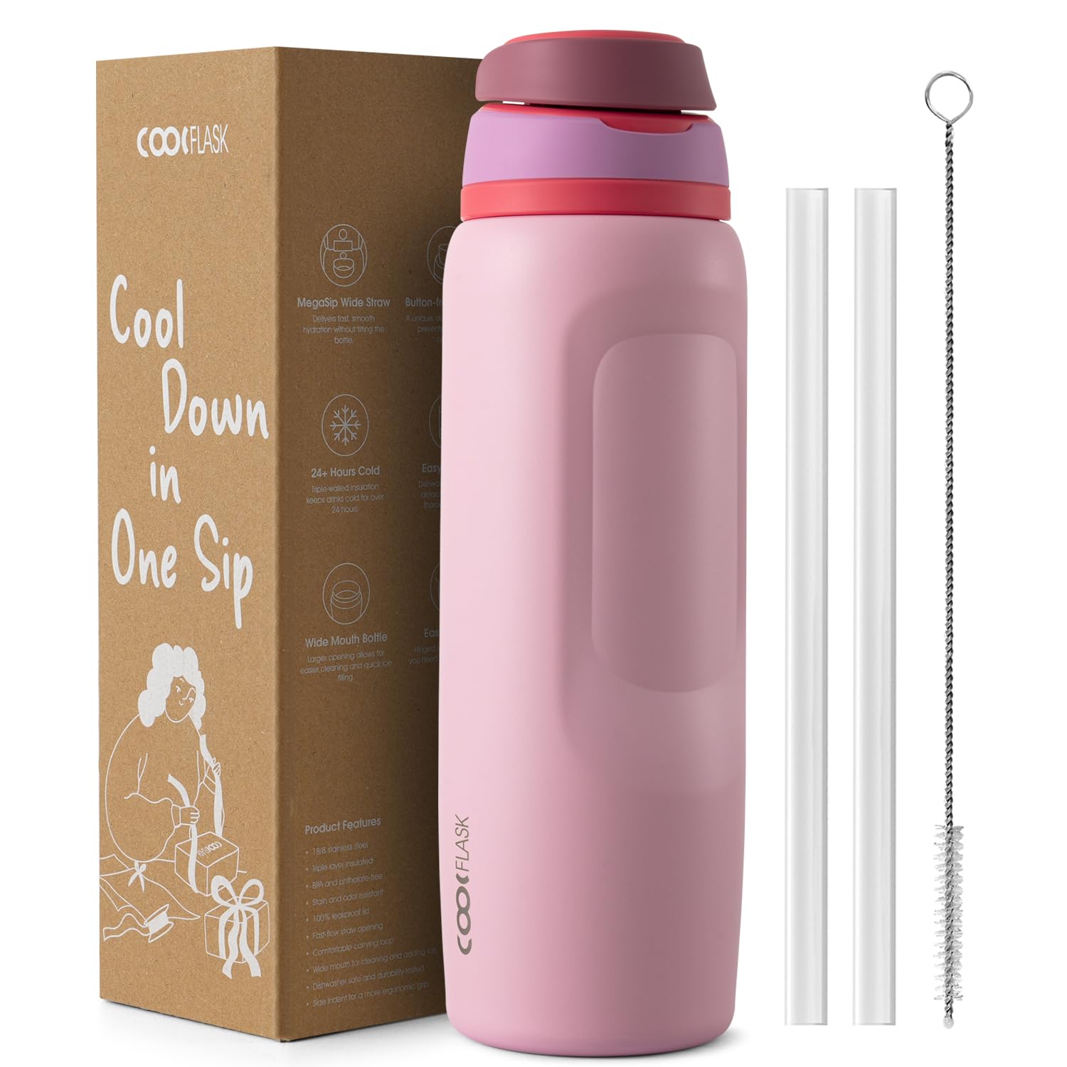 Coolflask MegaSip Water Bottle 1.2L with Straw, Stainless Steel Insulated Water Bottles Leak-Proof, 24+ Hours Cold, BPA-Free Dishwasher Safe, Water Flask for Sports Gym Work Office, Blush Pink