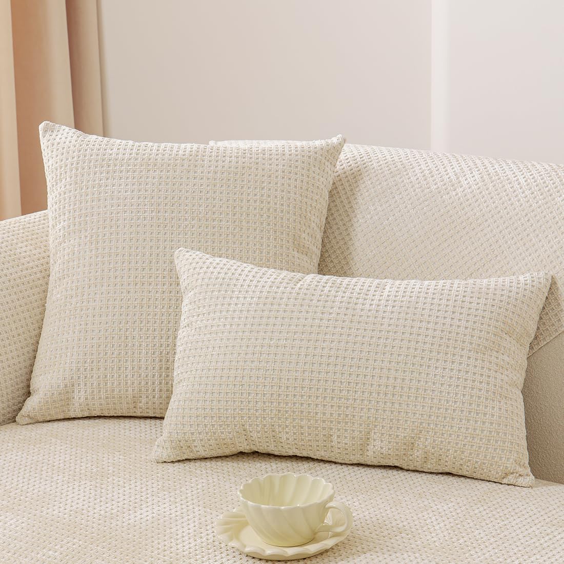 vctops Set of 2 Farmhouse Plaid Chenille Throw Pillow Covers for Couch Bed Sofa Soft Tufted Cushion Covers (Beige,18"x18")