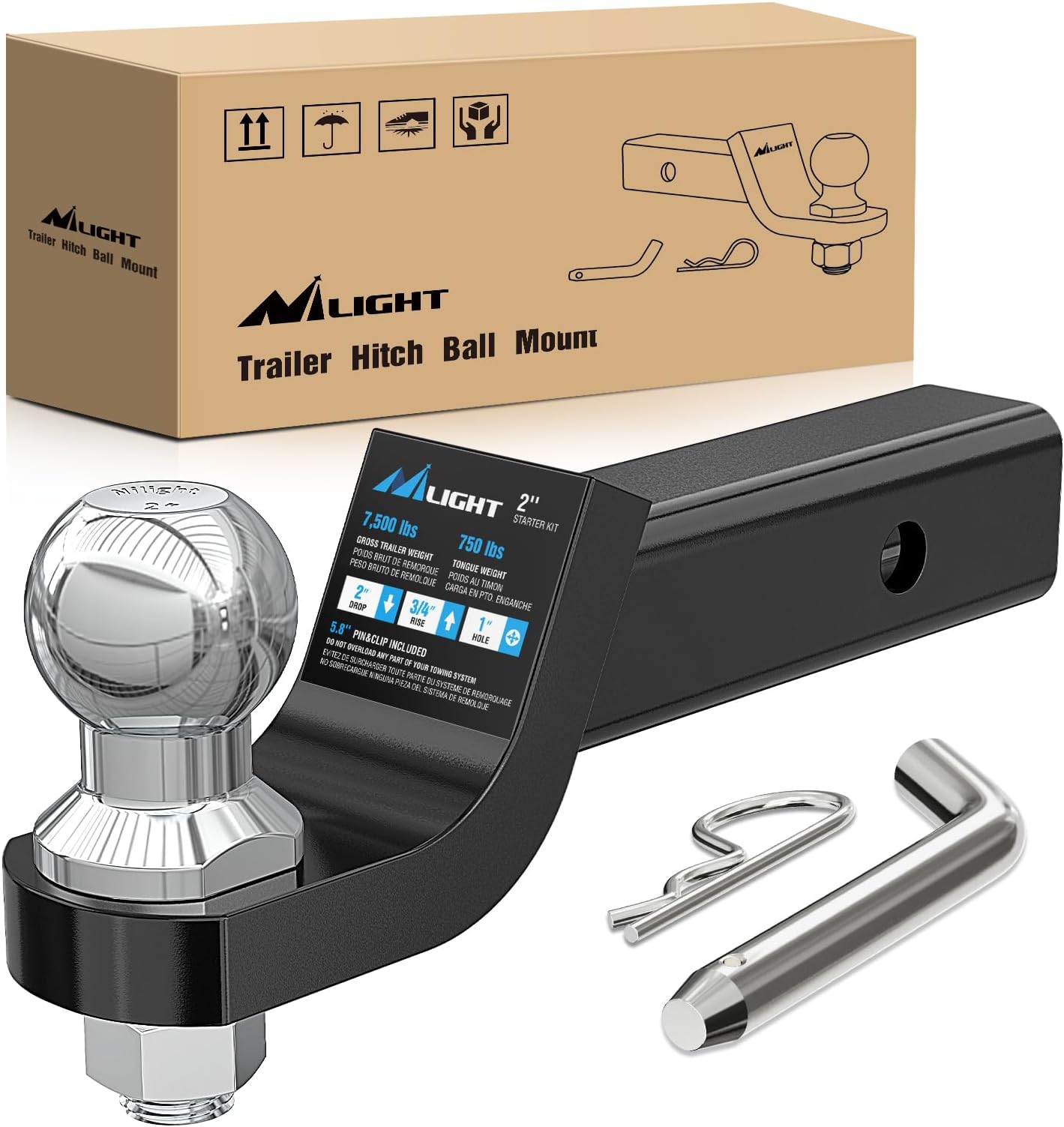 Nilight Trailer Hitch Ball Mount with 2-Inch Trailer Ball & 5/8" Hitch Pin Clip Fits 2-Inch Receiver 7500 lbs 2" Drop,2 Years Warranty