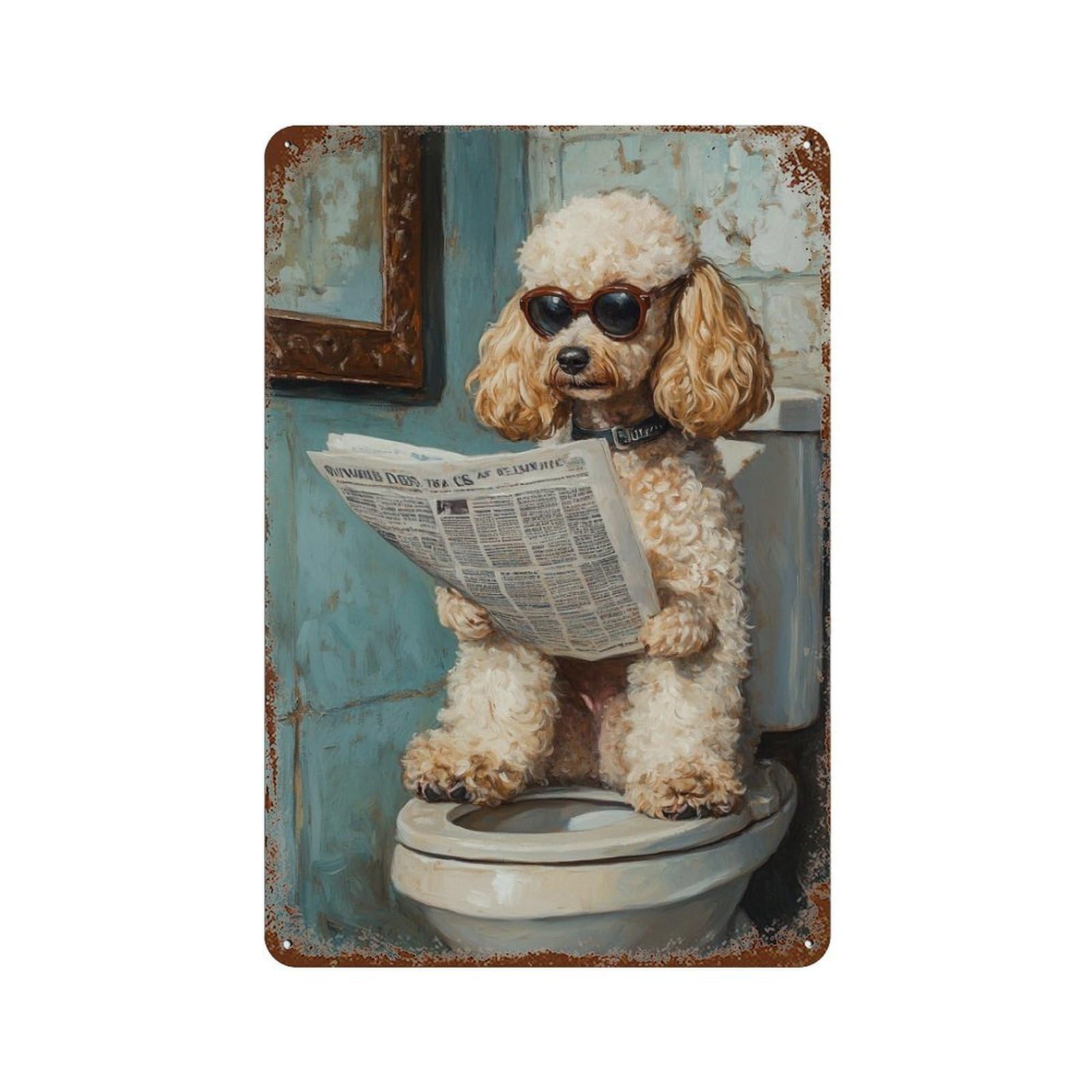 Rusty Metal Tin Sign Poodle Reading Newspaper on Toilet-7 11.8"x7.9", Vintage Wall Decor for Shed, Workshop And Garage Wall Decor