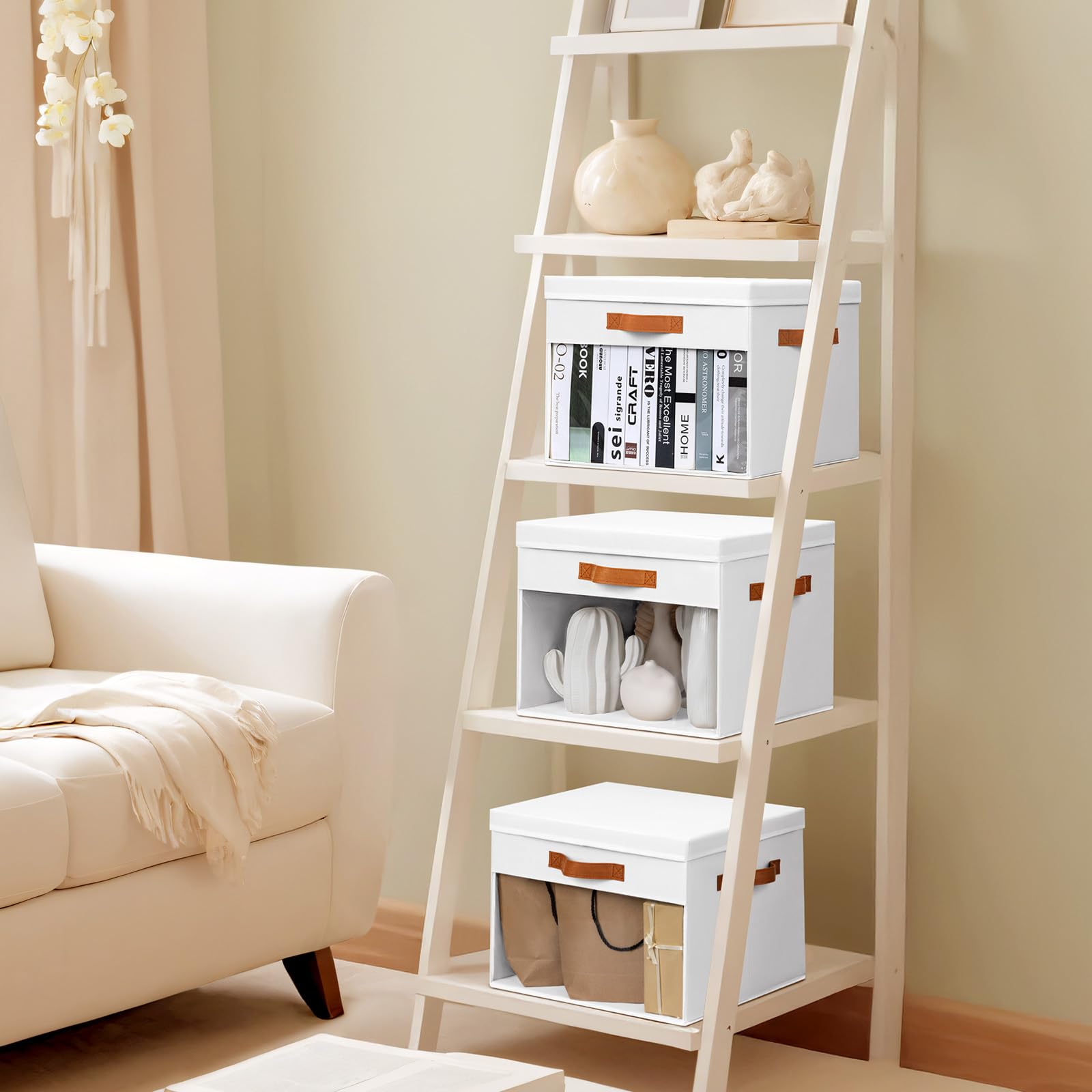 Homsorout Aufbewahrungsboxen mit Deckel Große - Aufbewahrungskorb Stoff Faltbare 4er Set Aufbewahrungsbox mit Transparentem Sichtfenster, 42 x 30 x 28 cm Faltbox für Kleidung, Kleiderschrank, Weiß