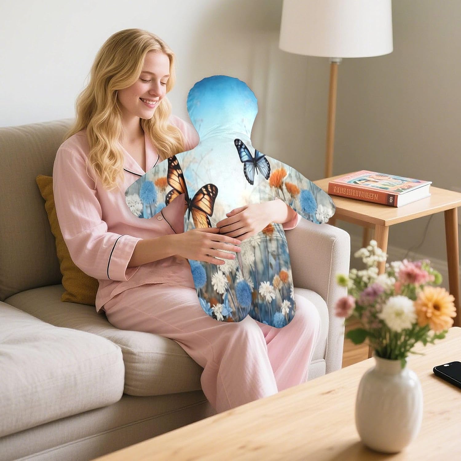Blue Flowers Human-Shaped Pillow Soft Body Pillows Washable Velvet Pillows for Anxiety Relief Sleeping Cuddling & Support