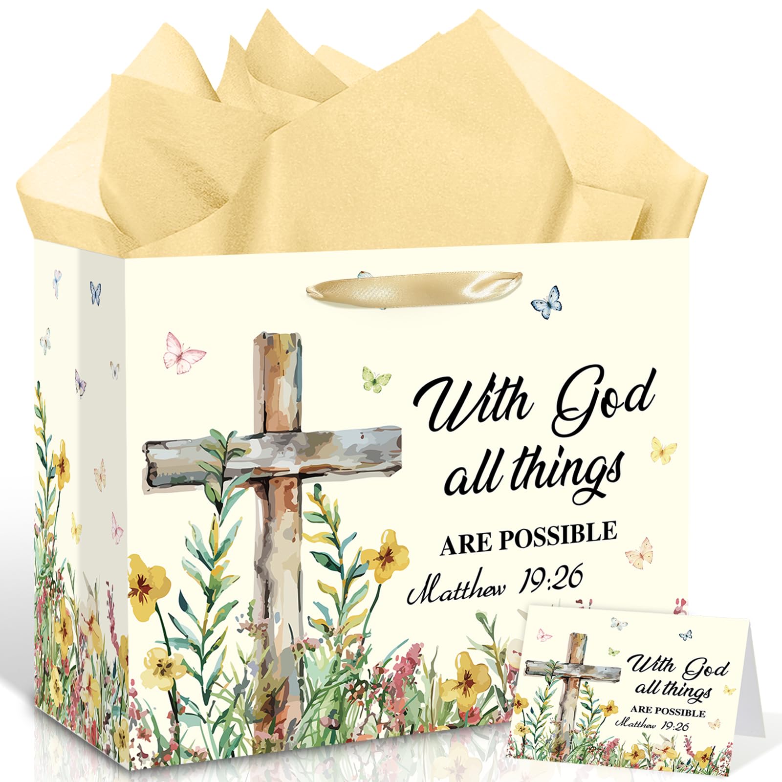 12'' Large Christian Gift Bags with Wrapping Paper Card Religious Cross Gift Bag Baptism Wildflower Paper Bag for First Communion Confirmation Church Blessings Women Wedding Supplies