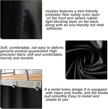 Blackout Bunk Bed Curtain Student Room Privacy Canopy 2 Panels Black