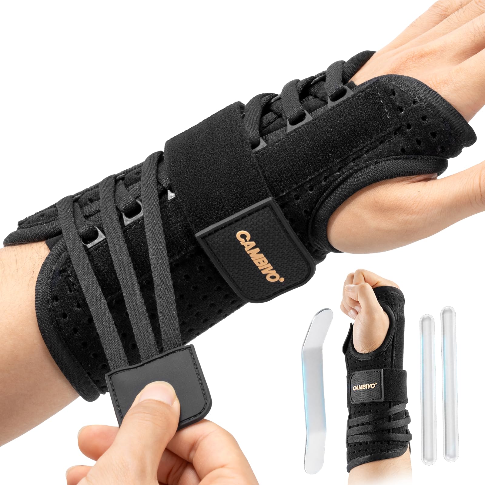 CAMBIVO Handgelenk Bandagen mit 3 Metallschienen, Linke und Rechte Hand | Leichtes Anlegen, Herausnehmbare Schiene, Weiche Polsterung, Belüftung, Flexible Handgelenkstütze