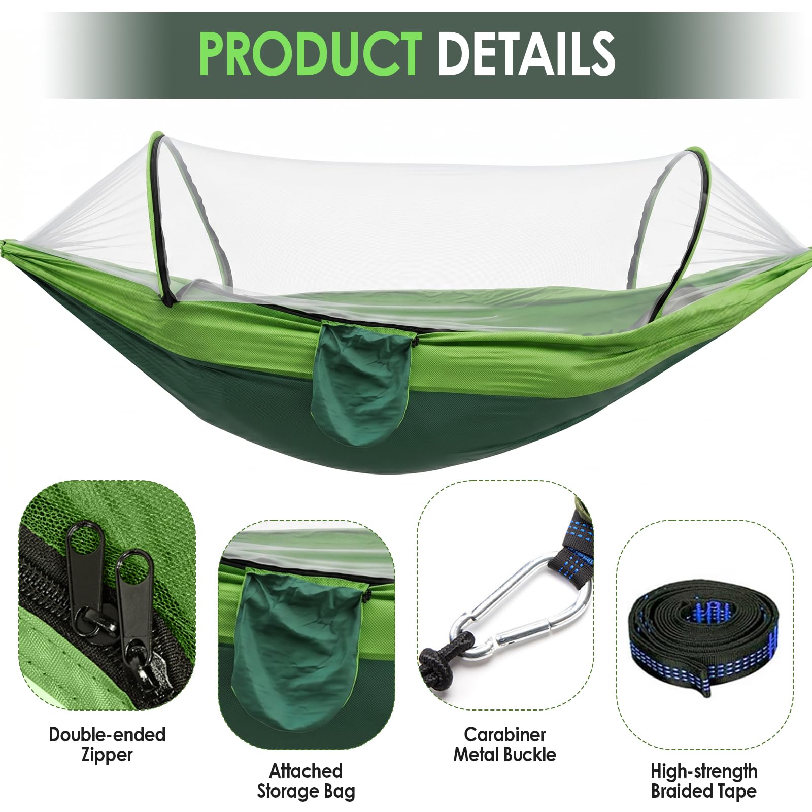 Hängematte 260x140cm, Doppel Hängematte, Moskitonetz, 300kg Tragkraft, Ultraleichte Reise, mit Tragetasche, 2 Premium Karabiner, 2 Schlingen, für Camping, Outdoor und Garten