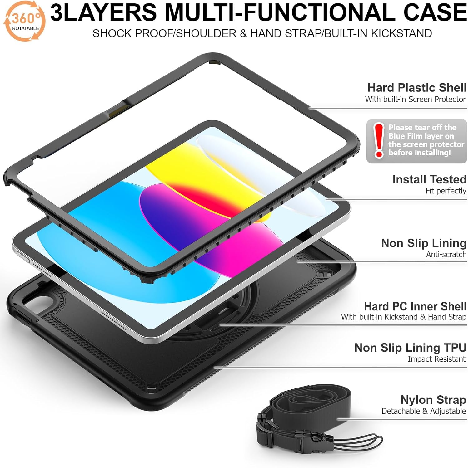 Timecity Case for iPad (A16) 11th Generation 11 inch 2025/ iPad 10th Generation 10.9 inch 2022: Full-Body Protective Case with Screen Protector, 360 Rotating Stand, Hand/Shoulder Strap -Black