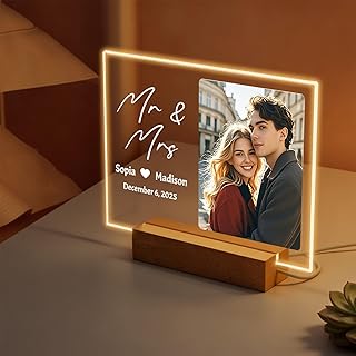 Yabrilux Personalized Photo Frame With Night Light, Custom Mr & Mrs Pict...