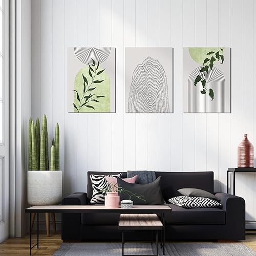 Miniatura 6 de Juego de 3 lienzos de pared en lienzo verde salvia, arte de pared bohemio enmarcado de mediados de siglo, arte de pared moderno minimalista