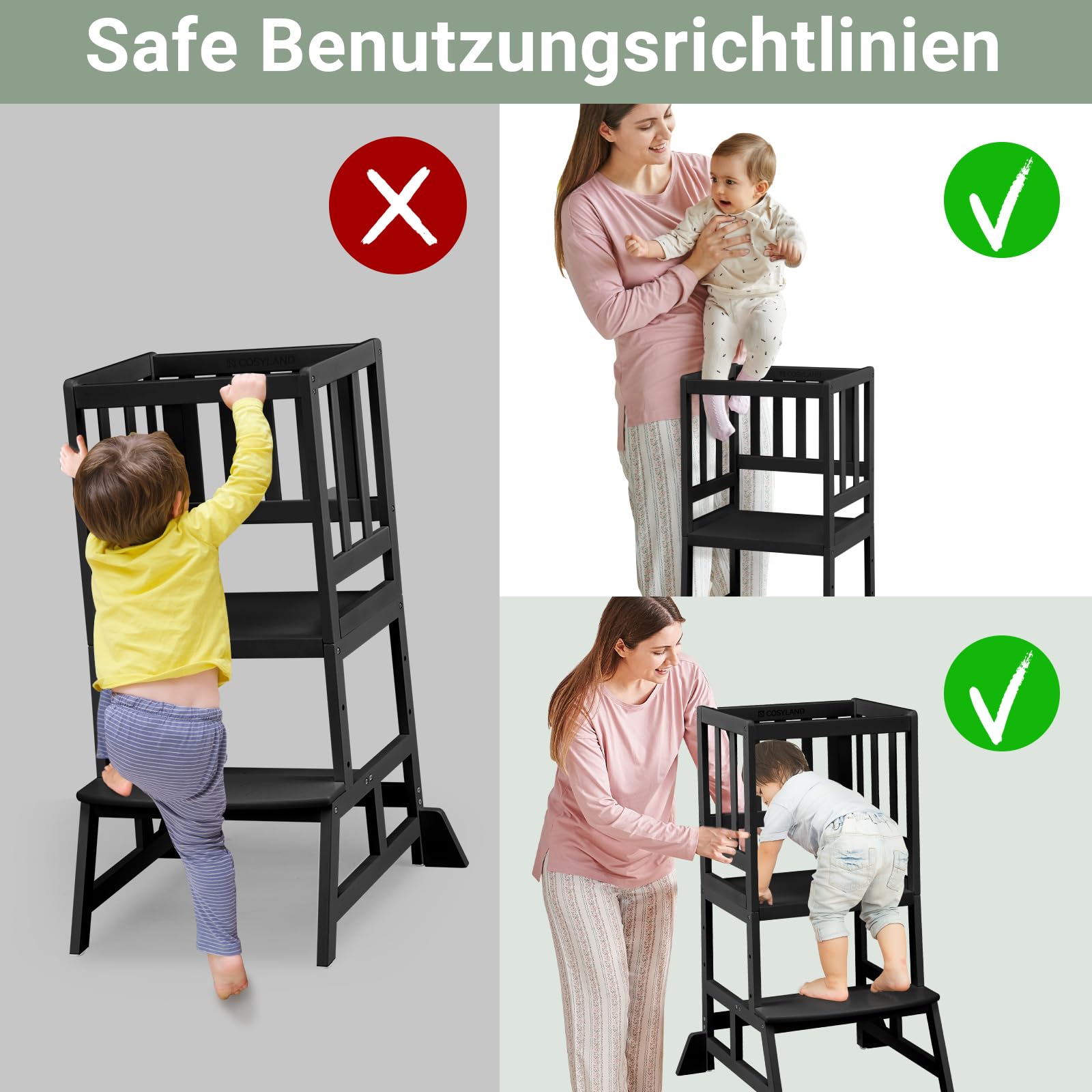 COSYLAND Montessori Lernturm ab 1 Jahr – Höhenverstellbarer Kinder Lernturm & Learning Tower für Küche, sicherer Montessori Tower mit 2 Stufen, Kippschutz & rutschfesten Matten, Klassisch Schwarz