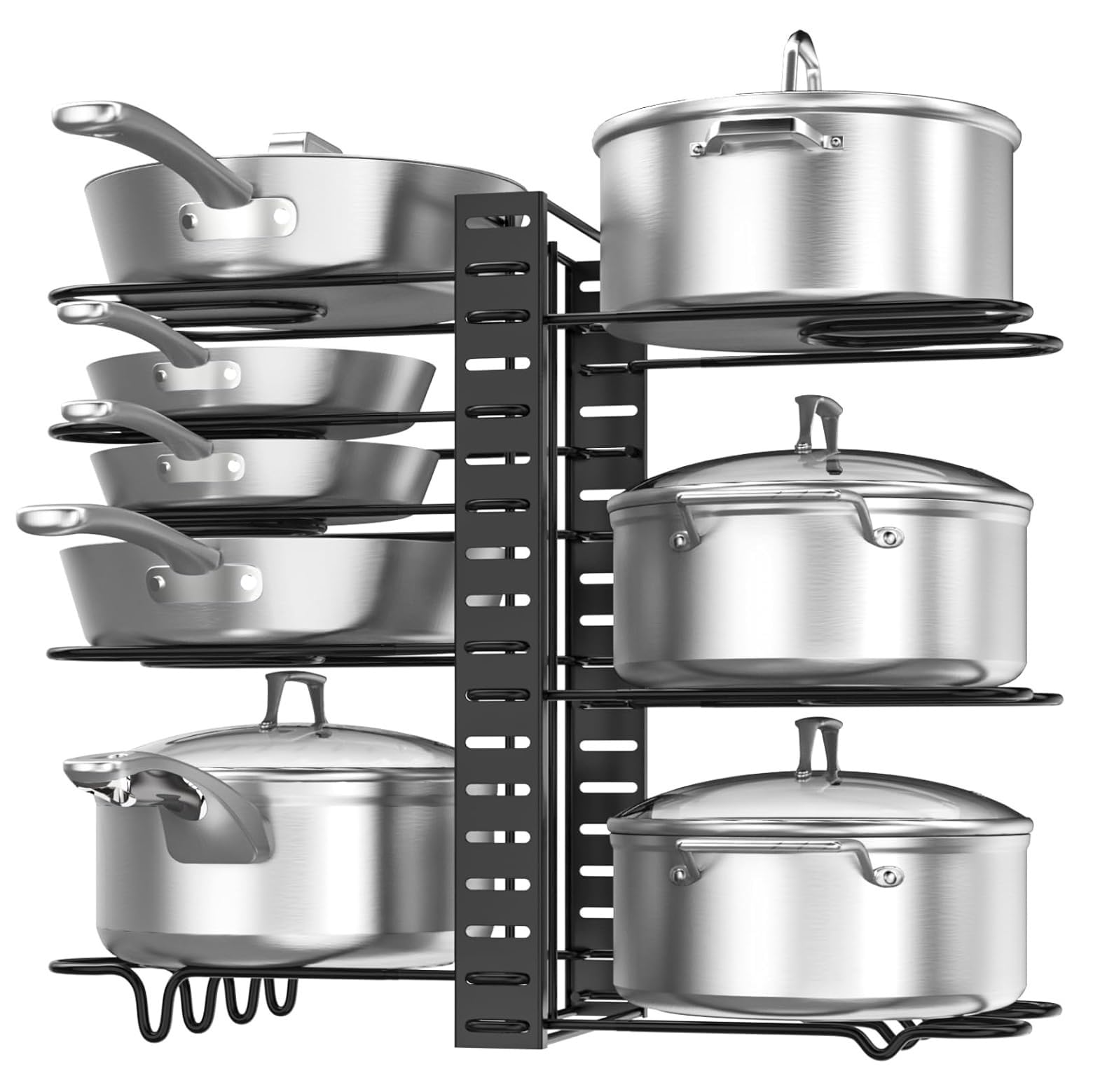 Soporte de Sartenes y Ollas, Estante Organizador de 8 compartimiento Ajustable, con 2 formas de Almacenar Tapas de Ollas, Platos, cacerolas, sartenes 48x38x20.5cm