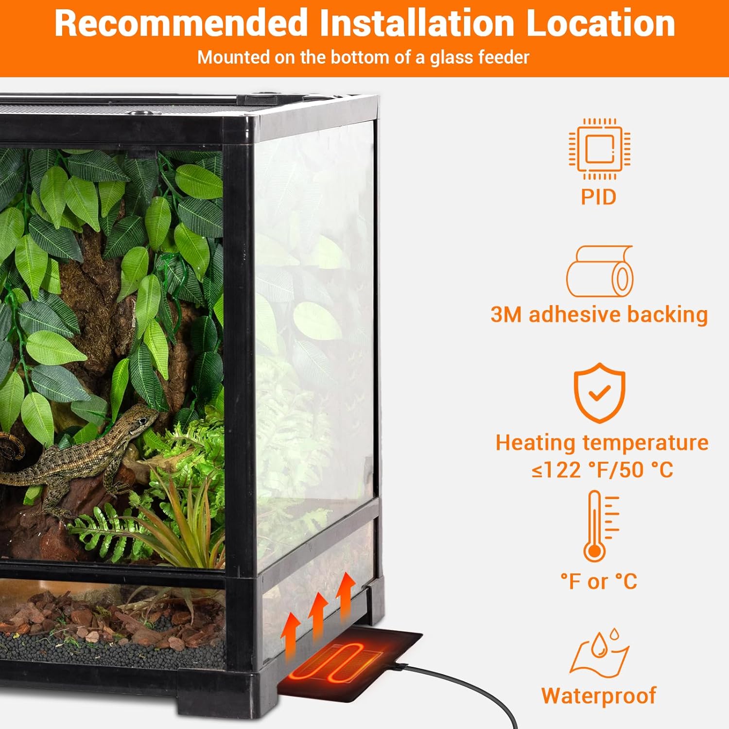 Recommended installation of the heating pad on the bottom of a glass terrarium