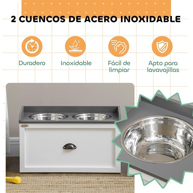 Foto 6 de 8 de PawHut Conjunto de 1 Comedero Elevado para Perros Grandes con 2 Tazones 2000ml de Acero Inoxidable y 1…