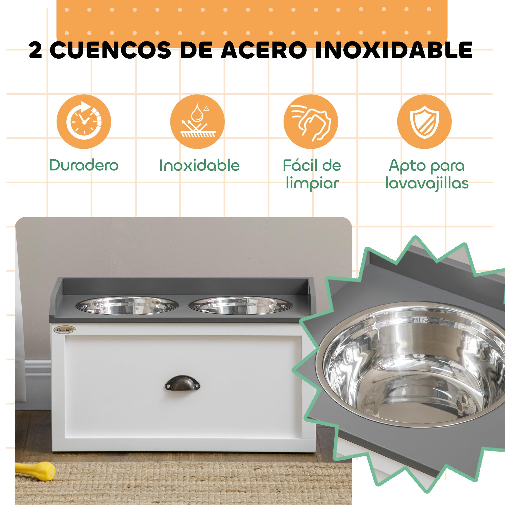 PawHut Conjunto de 1 Comedero Elevado para Perros Grandes con 2 Tazones 2000ml de Acero Inoxidable y 1 Contenedor de Comida para Perros Plegable 25L con Ruedas Taza Medidora Blanco y Gris