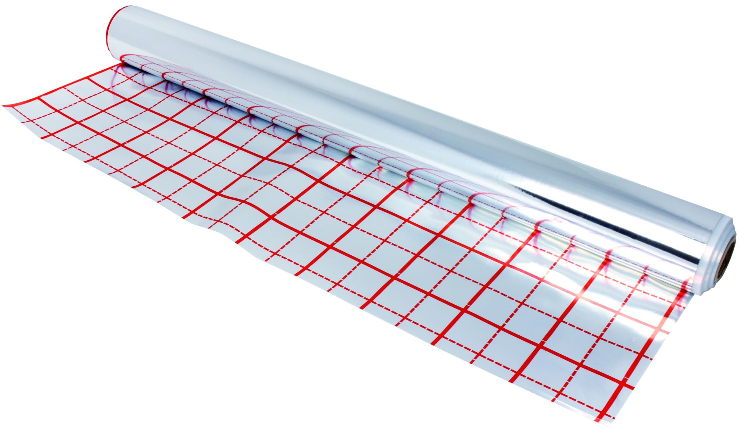 Rasterfolie Fußbodenheizung 50 m² Rolle, Alu Isolierfolie 0,105 mm extra stark, Wärmedämmfolie mit 10 x 10 cm Verlegeraster, Feuchtigkeitsschutz für Wasser-Fußbodenheizung