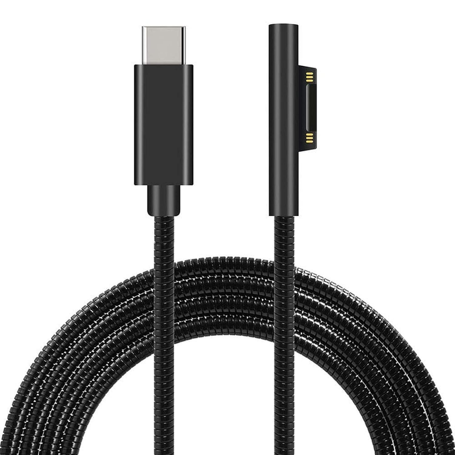 Sisyphy Metal Braided Surface Connect to USB-C Charging Cable (Bright Black 5ft), Compatible for Microsoft Surface Pro7 Go2 Pro6 5/4/3 Laptop3/2/1, Works with 45W 15V3A USBC Charger Power Supply