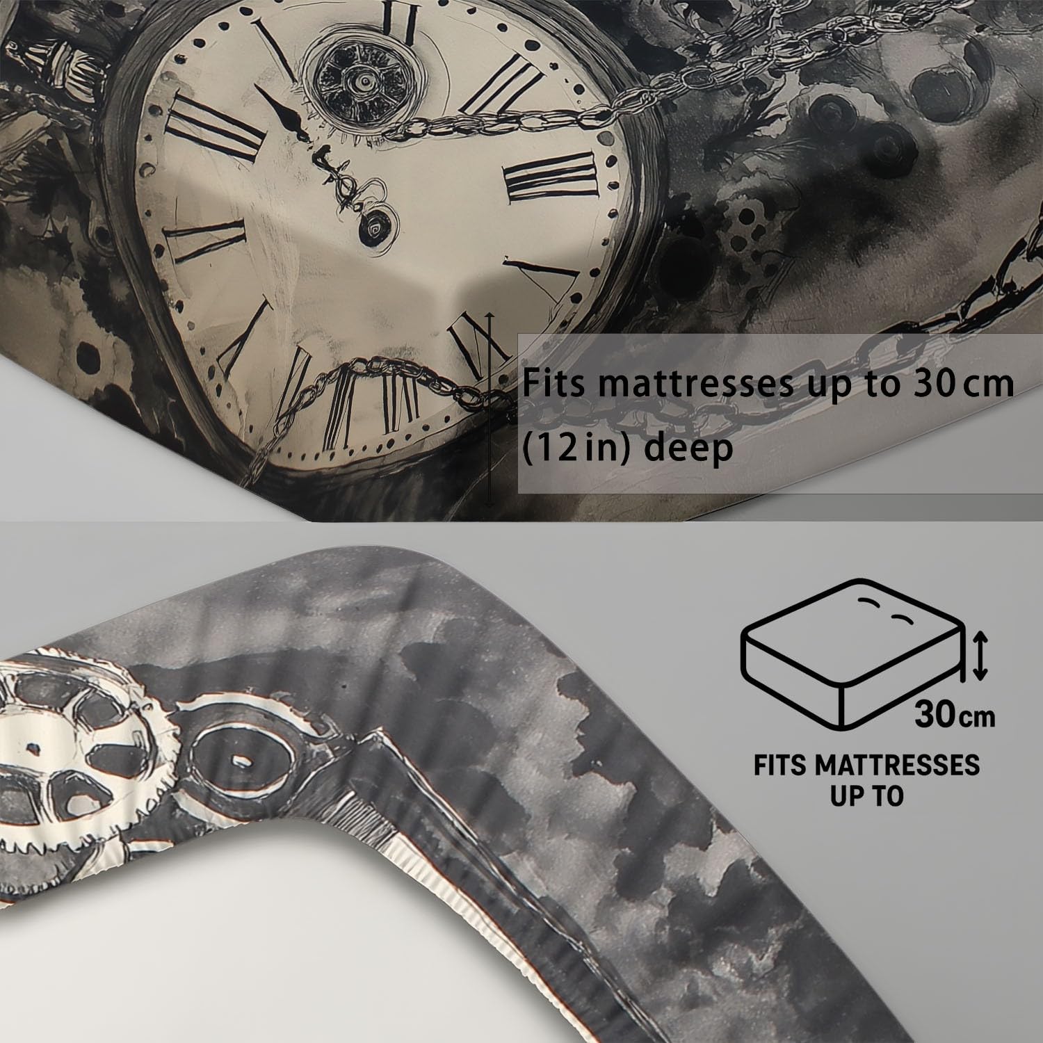 Grau Spannbettlaken Abstrakt Uhr Zahnräder Ketten Blatt 180 x 200 cm x 30 cm, Bettlaken für Mädchen Jungen Teenager,Vollständig elastisches Spannbettlaken Schlafzimmer Dekor