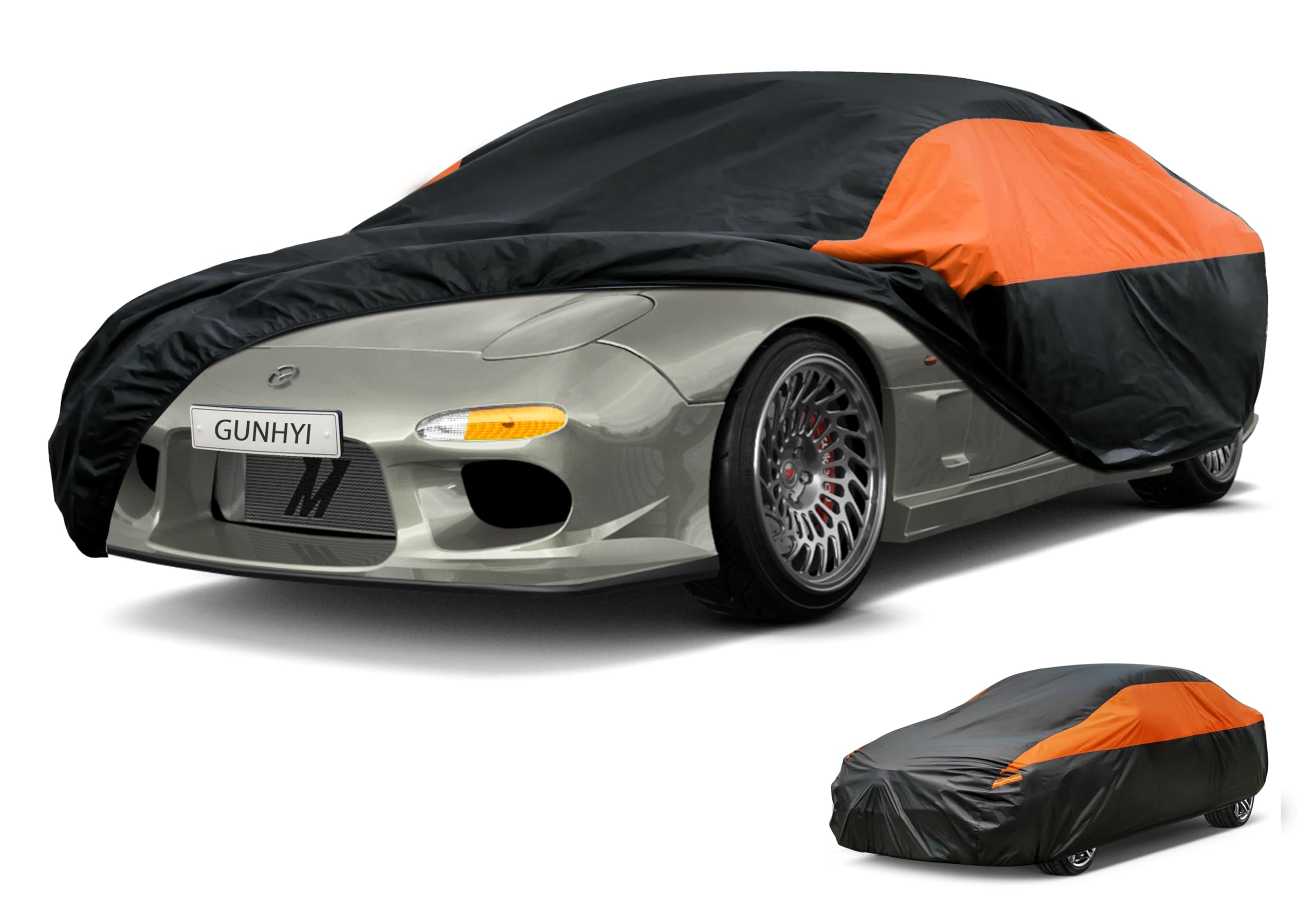 GUNHYI Waterproof Lightweight SUV Full Car Cover Custom Fit Mazda CX7 CX-7 | All‑weather Outdoor sun/rain/dust/snow/wind/UV protection, breathable tear‑resistant fabric, black‑orange design,storage bag