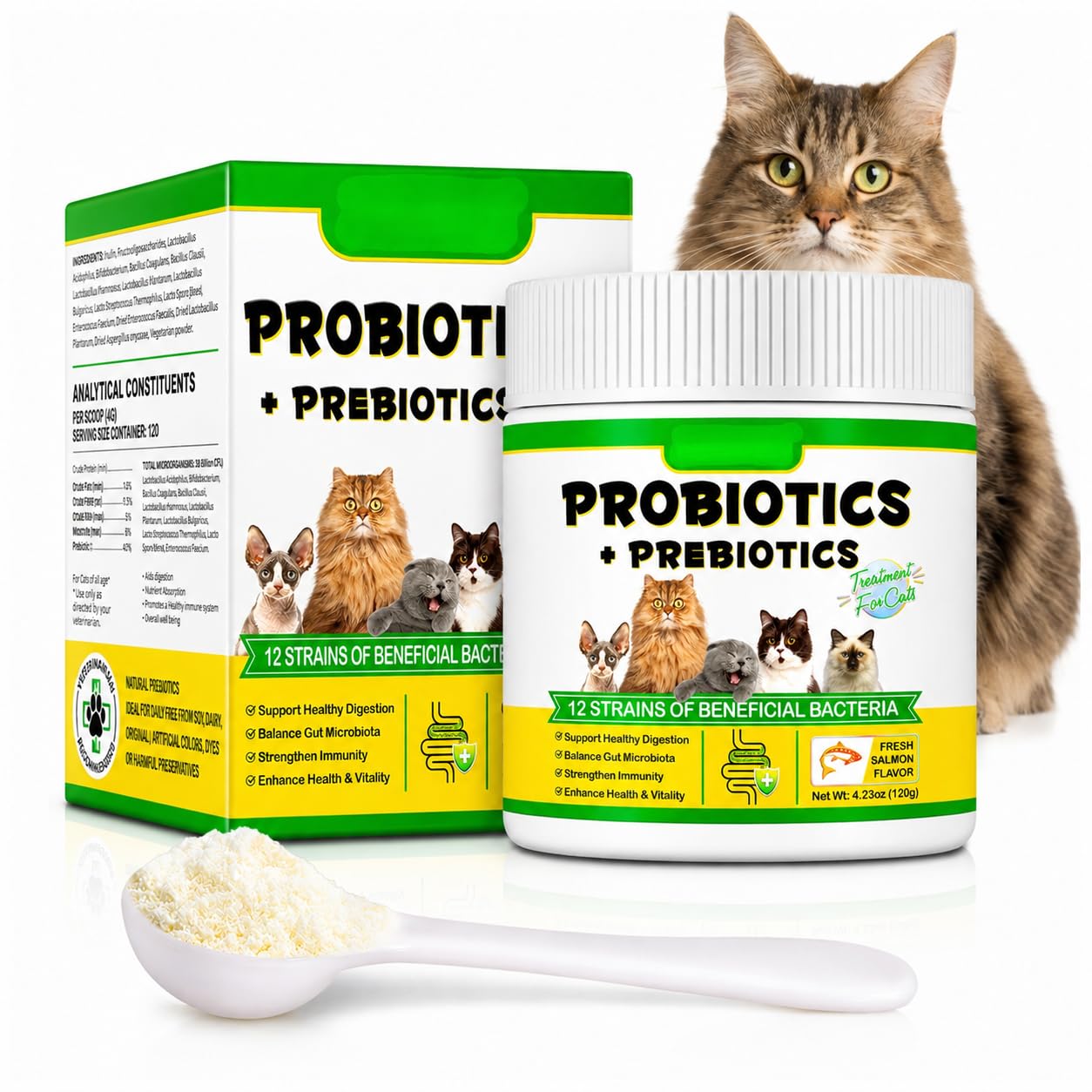 Cat Probiotic Powder Supplement (Salmon Flavour | 120g) – 12 Strain Probiotics with Prebiotics, Digestive & Immune Support, Anti Diarrhea Gut Health Formula