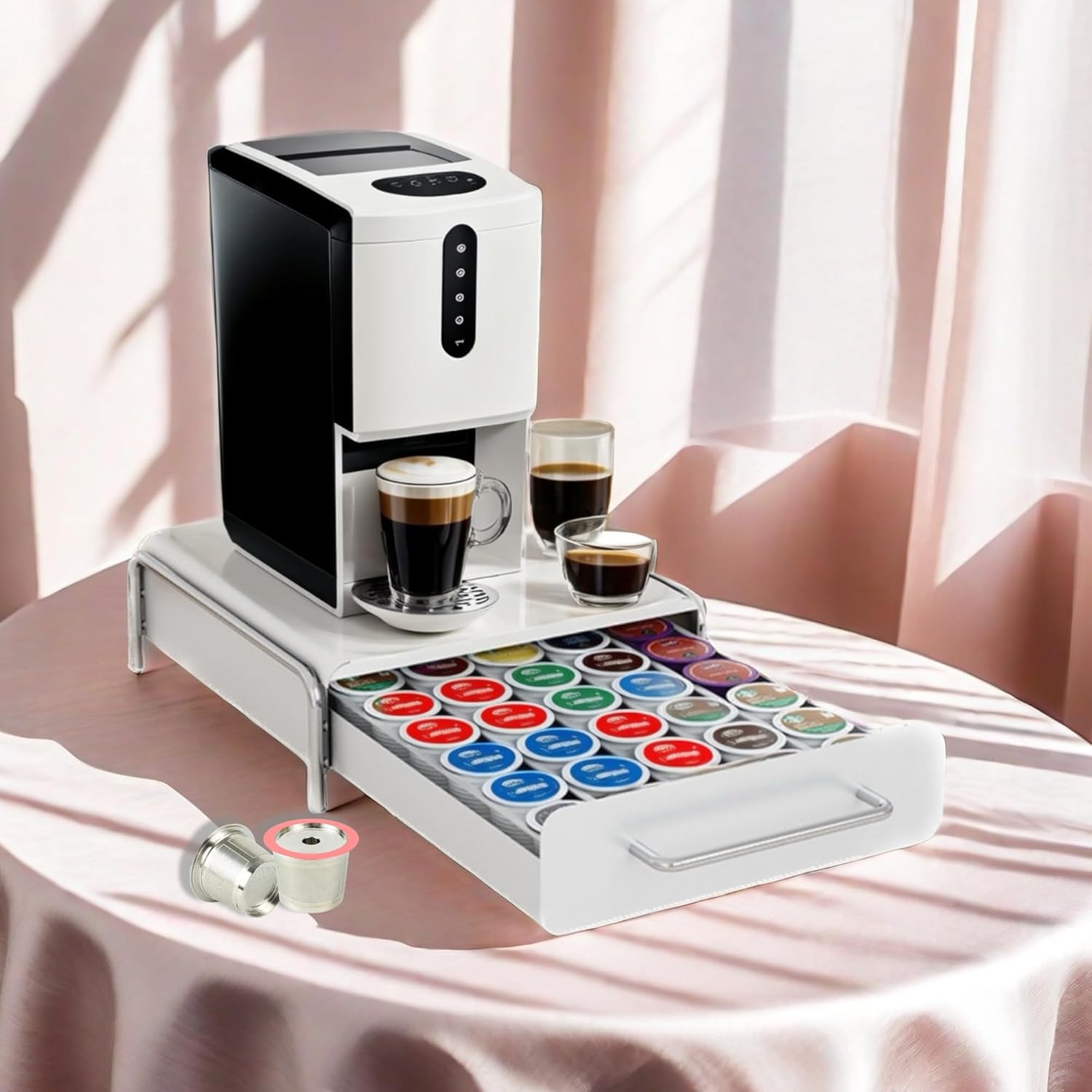 K Cup Holder Drawer, Compatible with K-Cups, 30 Pods Capacity, K Pod Drawer Organizer for Countertop, Coffee Machine Base, Easy Installation (White)