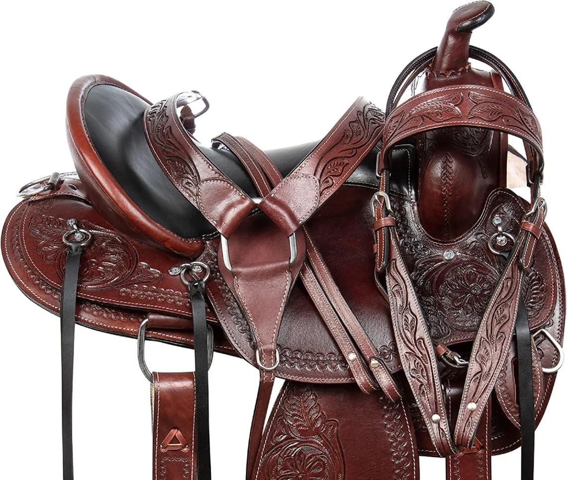 Western Horse Saddle TACK Testiera REINS Pettorale Intagliato a mano Pelle di vacchetta Pleasure Trail Endurance Equitazione Set ME-WLS-125