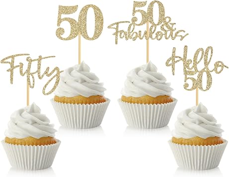 48Pcs 50th Birthday Cupcake Toppers Glitter Hello 50 Cupcake Topper 50 Fabulous Fifty Cupcake Picks for Happy 50th Birthday Wedding Anniversary Party Cake Decorations Supplies, Champagne Gold