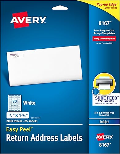 Avery Etiquetas de Dirección de Retorno Imprimibles con Sure Feed, 0.5" x 1.75" pulgadas, Blancas, 2,000 Etiquetas de Correo en Blanco (08167)