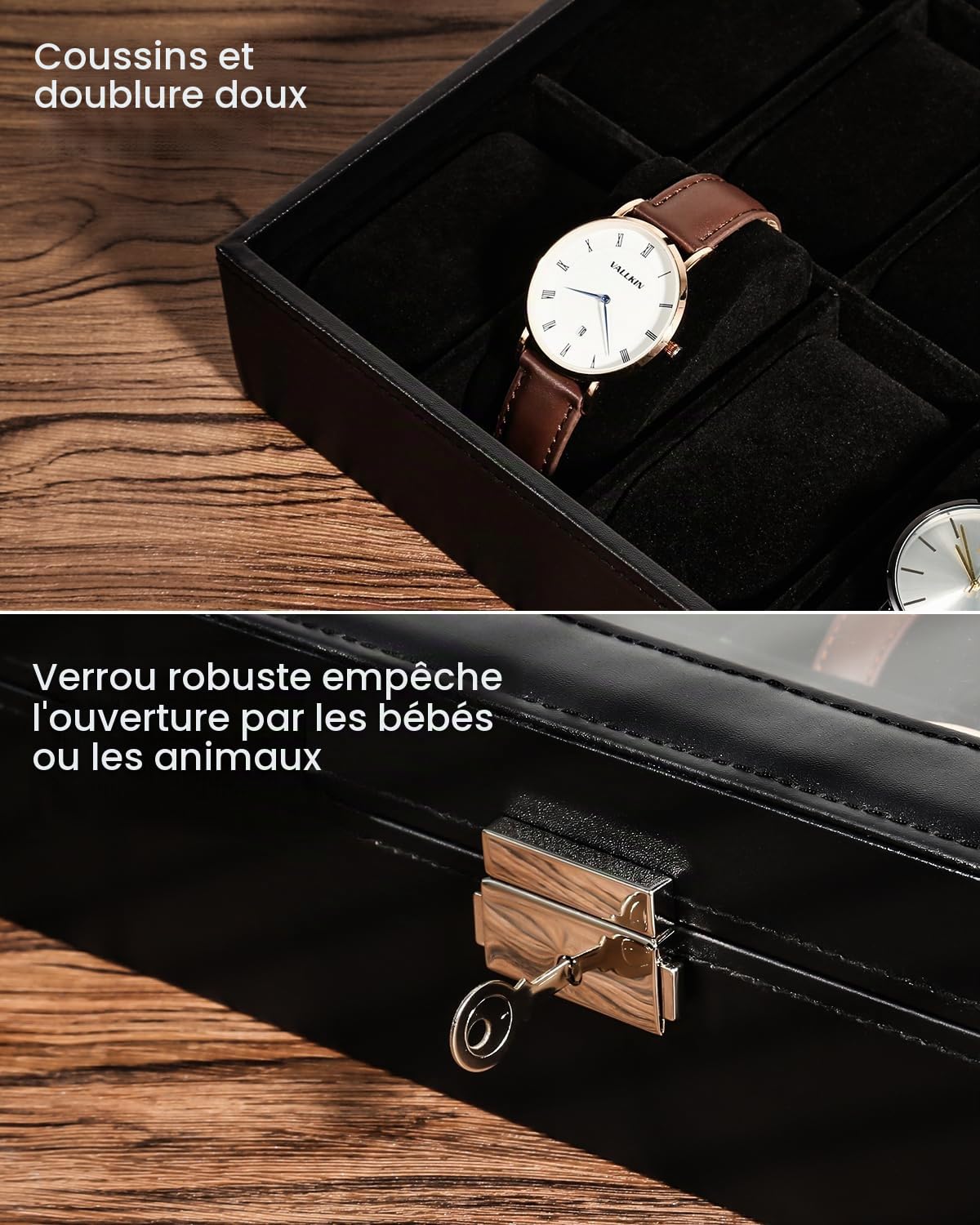 Uten Boîte à Montres 24 Compartiments, Coffret à Montres en PU, Couvercle en Verre, Coffret de Rangement pour Montres, Doublure en Velours Noire, Idée Cadeau