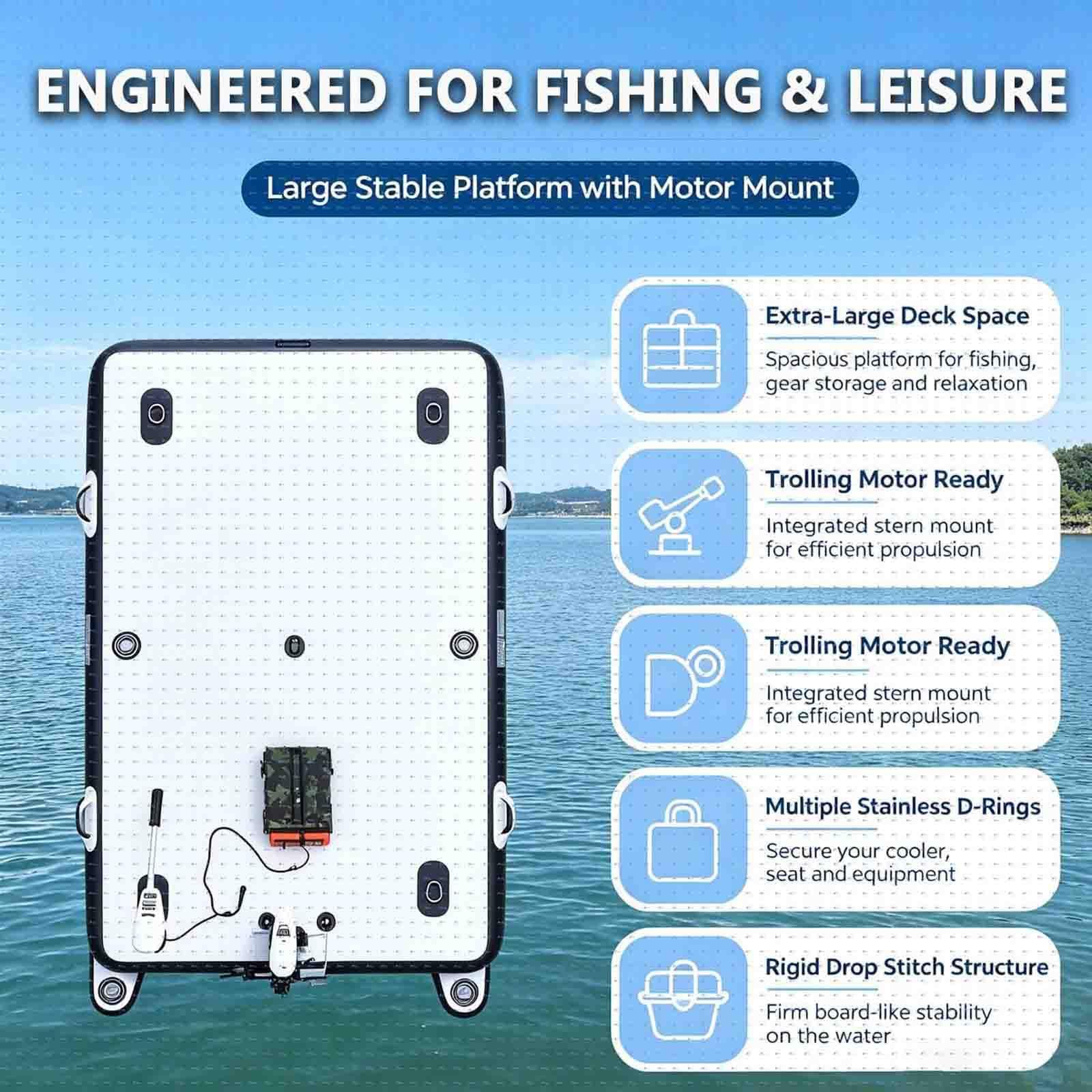 Barca da Pesca Gonfiabile Portatile 2M/2,5M,Piattaforma con Pompa e Remi Nomotor-2M | Isola Gonfiabile PVC 8 PSI Antiscivolo,Portata 400 kg,Supporto Motore,Anelli D,Lago,Piscina,Mare