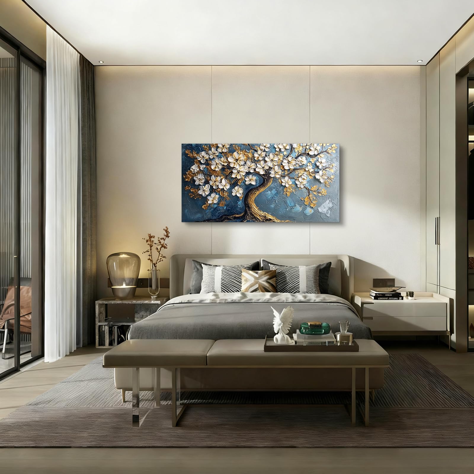 JHHUAMO Leinwand Bilder Groß, Modernes Wohnzimmerbilder, Weiße Blumen auf dem Baum des Lebens Ölgemälde, Wanddekoration Ästhetisches für Schlafzimmer Büro Treppe Esszimmer Arbeitszimmer Flur 73x146 cm