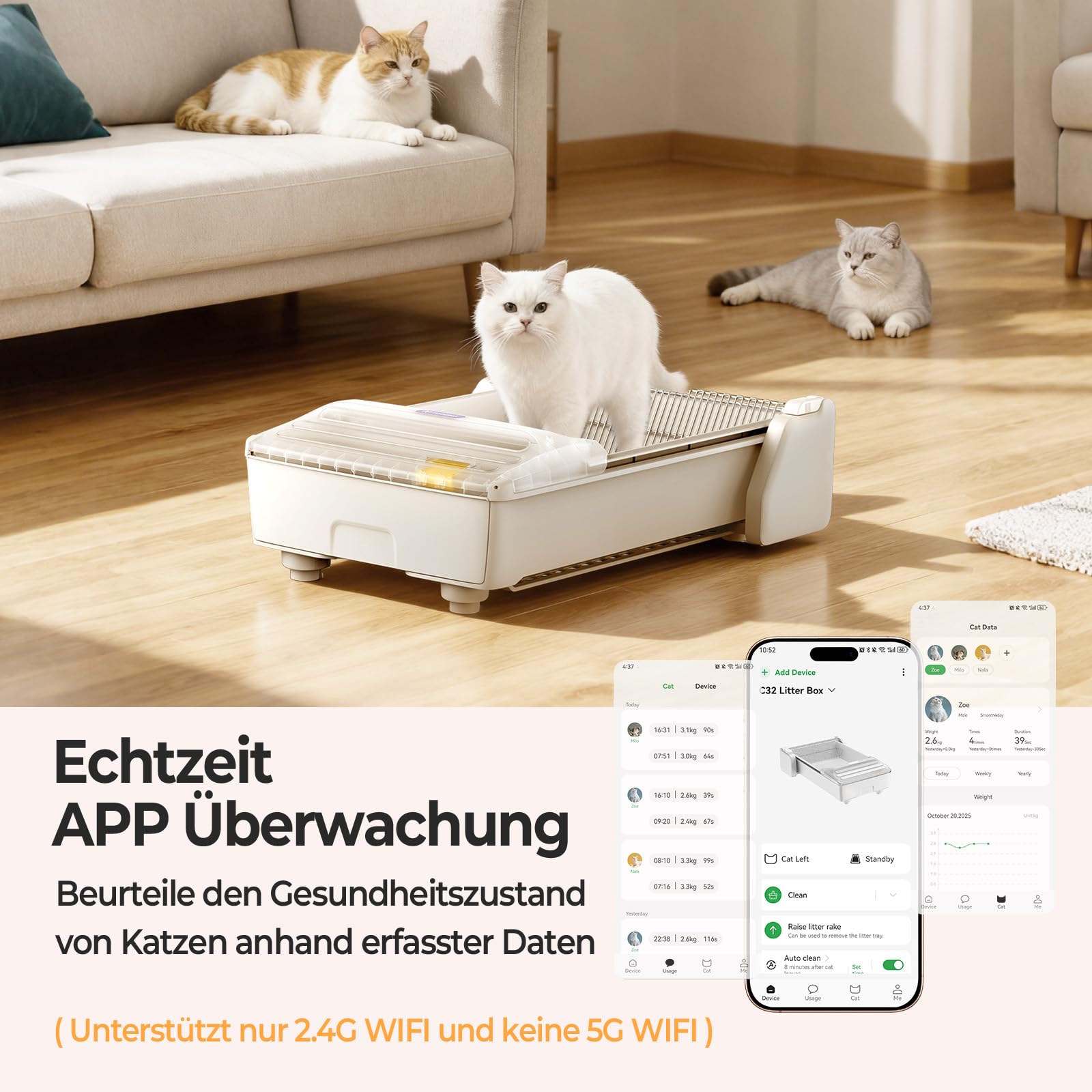 Selbstreinigende Katzentoilette Katzenklo Selbstreinigend Offen, Extra Große Platz Automatisches Elektrisches Katzenklo mit Geruchskontrolle, APP-Steuerung, Anti-Klemm-Design, mit 1 Beutel Streu