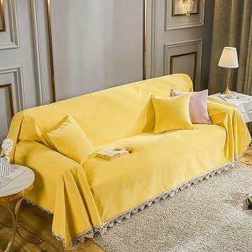 Sofa Covers 3 Seat,Blanket Couch Cover Yellow Chenille Sofa Cover Blanket Solid Color with Lace Sofa Cover Outdoor 71" W x 142" L