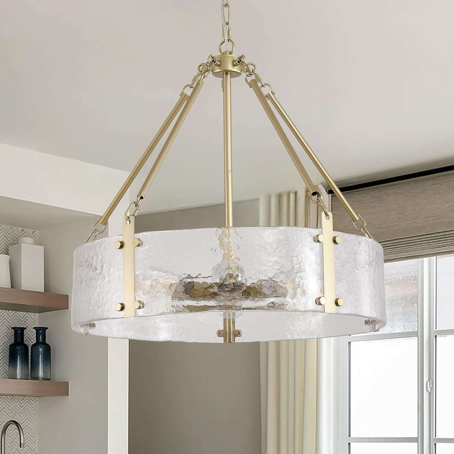 Gold Dining Room Chandelier 20” Modern Textured Glass Chandelier 6-Light Drum Crystal Light Fixture Vintage Farmhouse Round Hanging Lighting for Kitchen Island Over Table