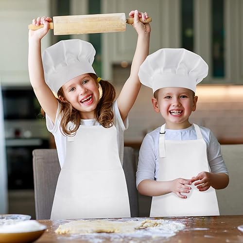 Miniatura 6 de Paquete de 2 delantales y sombrero de chef para niños, delantal de cocina ajustable con dos bolsillos para niñas y niños