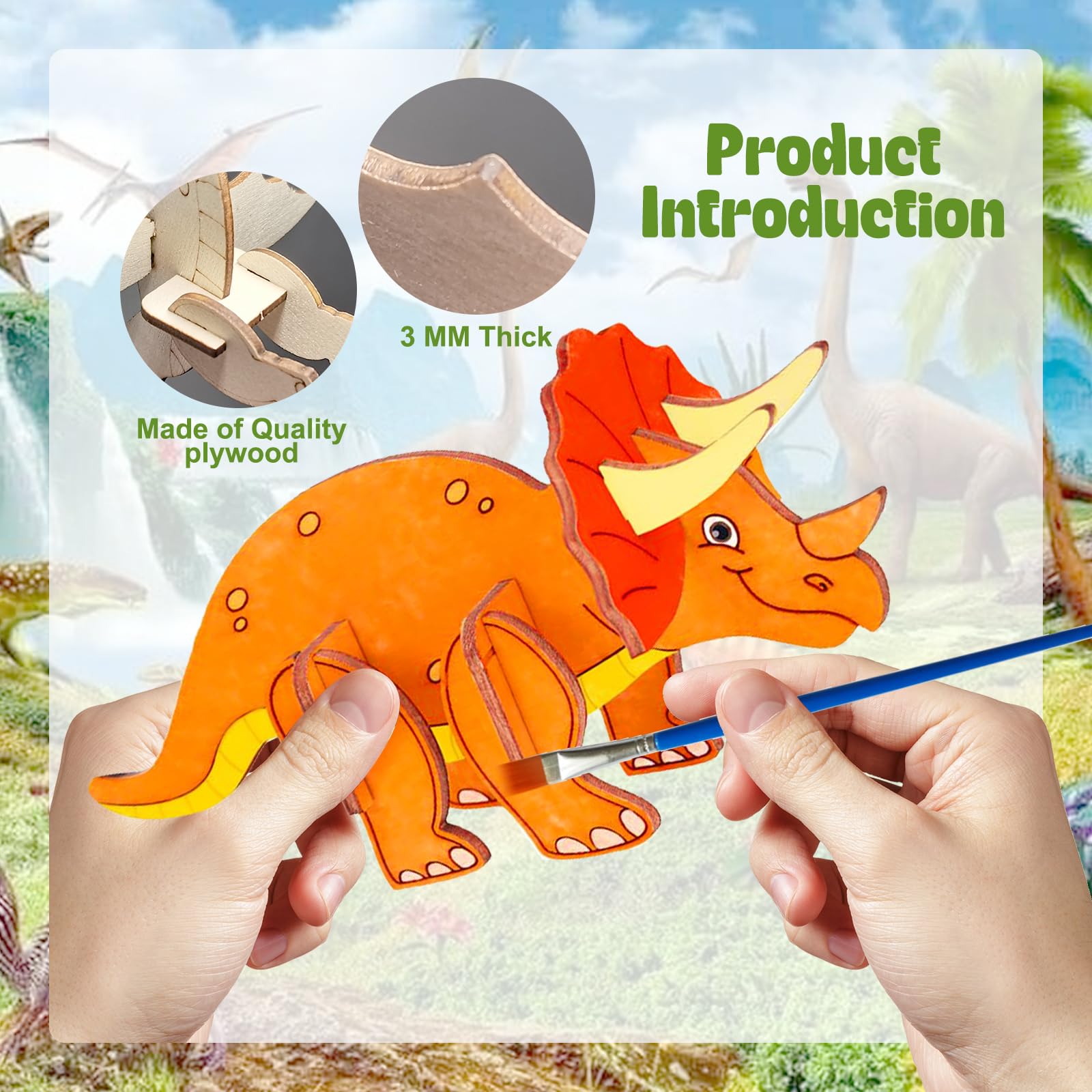 WoRuyKot Kit Dinosauri In Legno Da Colorare Fai Da Te - 12 Pezzi Con Colori E Pennelli, Gioco Creativo Per Bambini E Bambine