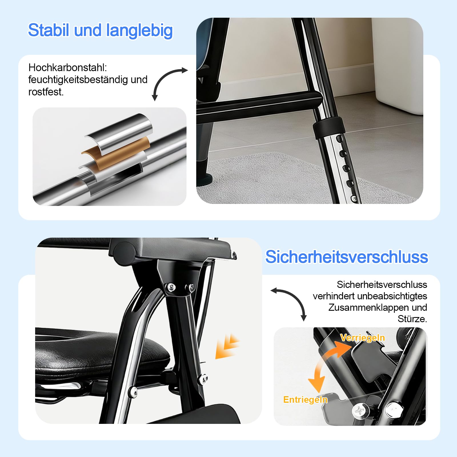 Toilettenstuhl für Senioren, Höhenverstellbaren Klappbar WC Stuhl Toilettenstühle mit Gepolsterter Sitzplatte und Toiletteneimer, Tragbar Duschstuhl Tragfähigkeit 150kg