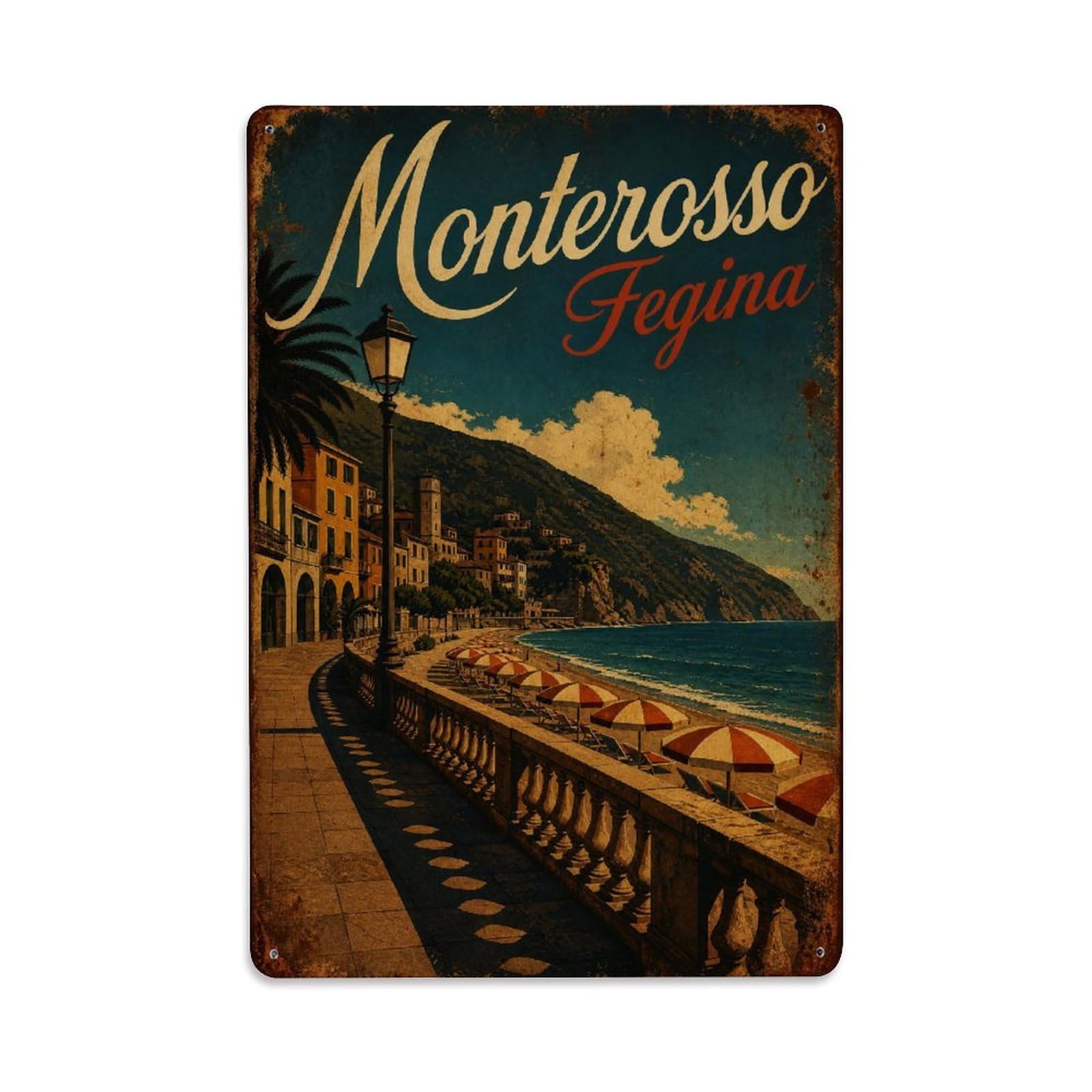 Huiyhb 8X12inch(20X30cm) Vintage Travel Monterosso Fegina Beach Promenade Italy Metal Tin Sign