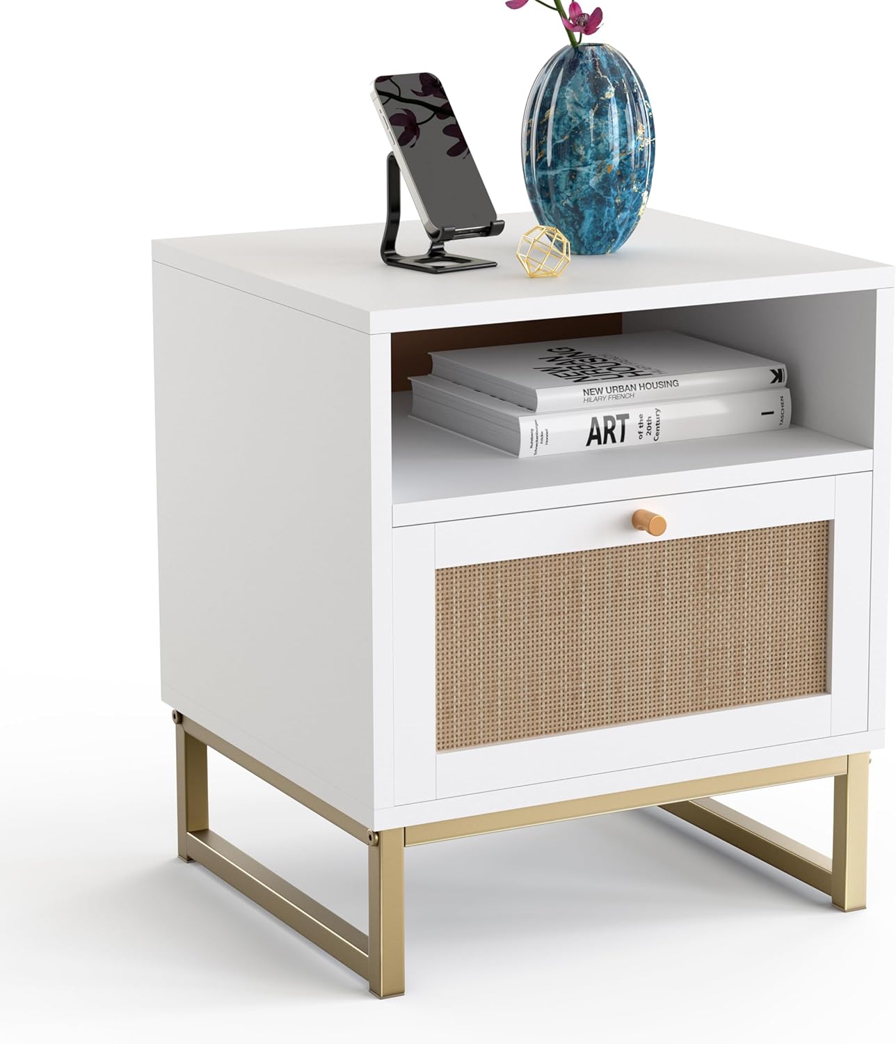 Large Modern Rattan Nightstand | Boho Wood Accent Table with Storage Cabinet | Natural Light Wooden End Table - White