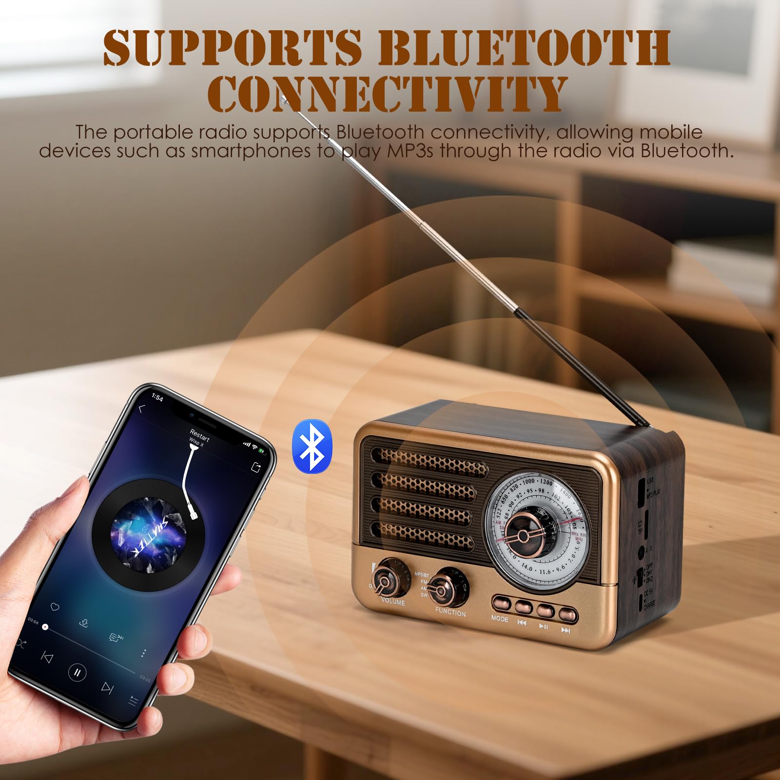 3-Band tragbares Radio mit Bluetooth, MP3-Player, USB/TF-Wiedergabe, LED-Taschenlampe und wiederaufladbarem Akku - Handheld-Akku-betriebenes FM/AM/SW-Radio für Outdoor (Goldene)