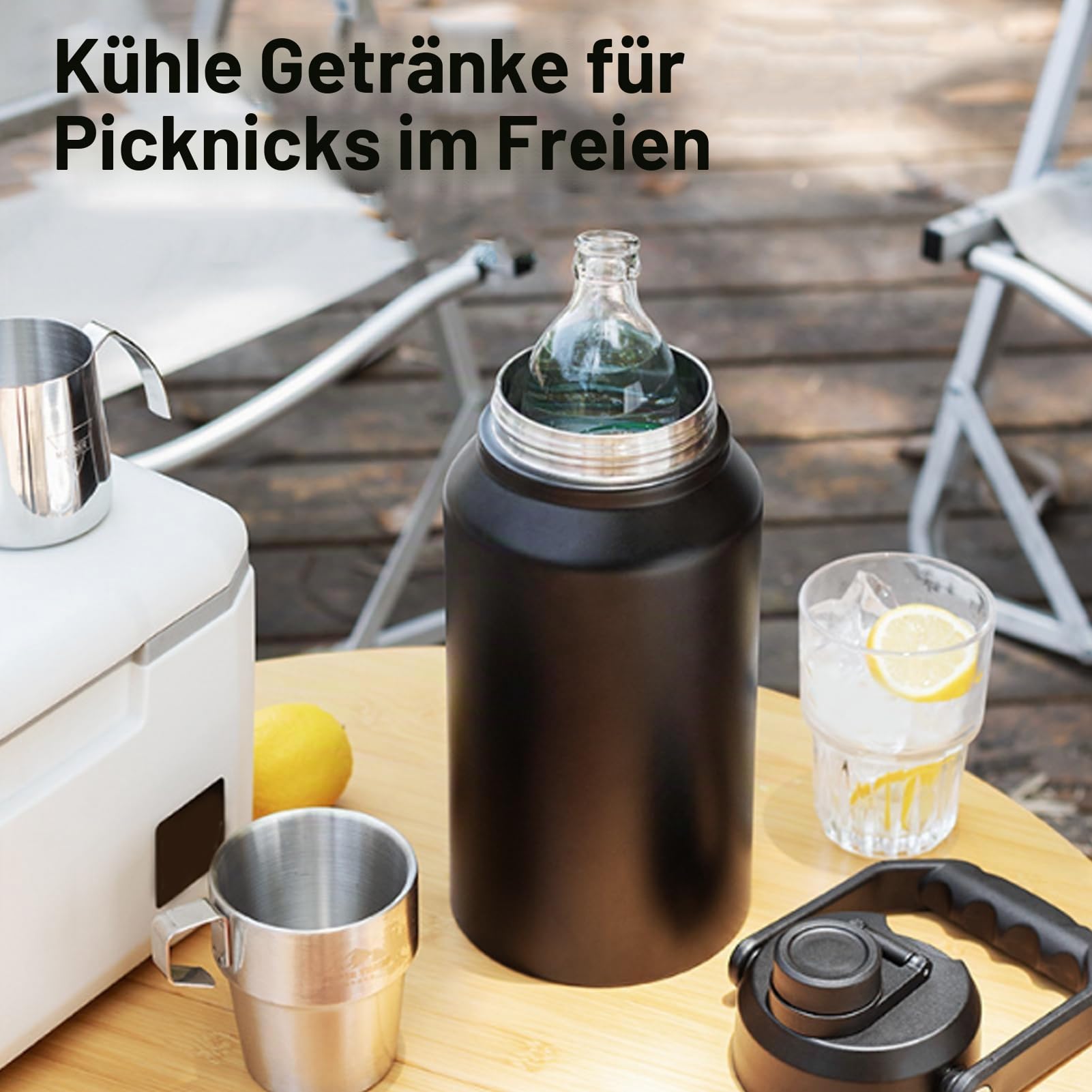 Denash 3L Isolierte Wasser Flasche, 316 Edelstahl Flasche mit Breitem Mund & Griff, Hält heiß 24H/kalt 48H für Camping Reisen (BLACK)