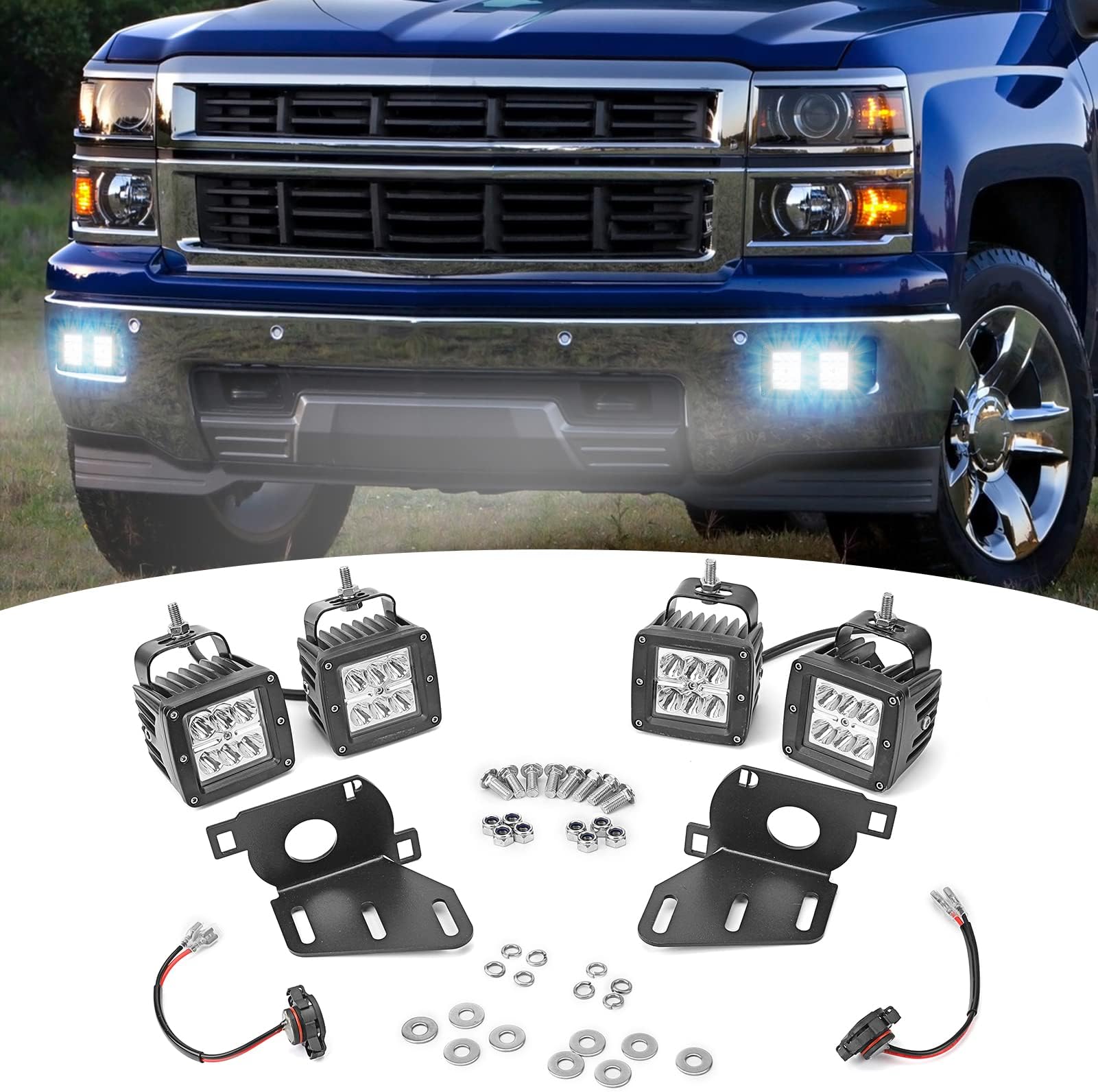 DaSen 3 inch 24W LED Fog Light Pods&Hidden Bumper Foglamp Light Mounting Brackets Compatible with 2014 2015 Chevy Silverado 1500 w/Wring Kit