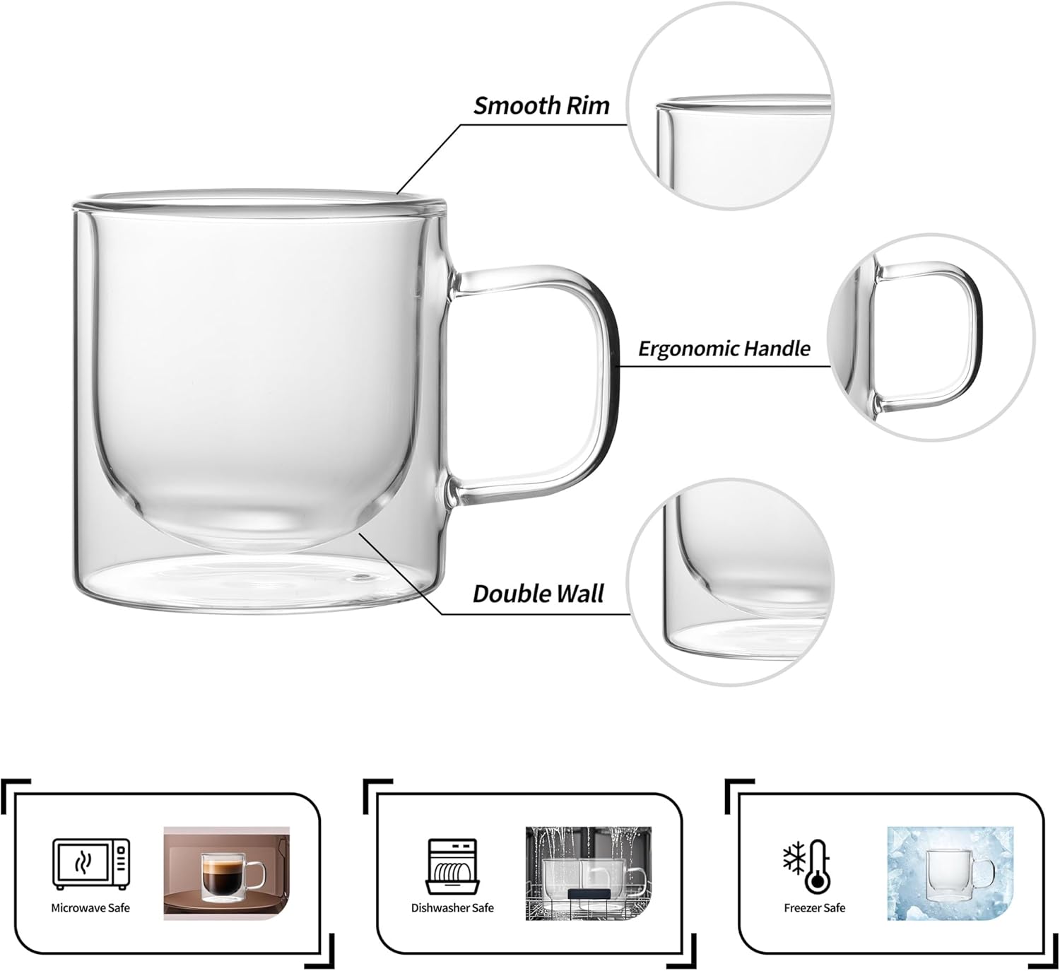NIRA.Z 12 OZ Double Walled Glass Coffee Mugs Set of 2 Clear Coffee Cups with Handle 355ml Hand-Blown Insulated Glass Tea Cups for Hot & Cold Beverages, Cappuccino, Latte, Tea Bags, Espresso, Americano - Image 3