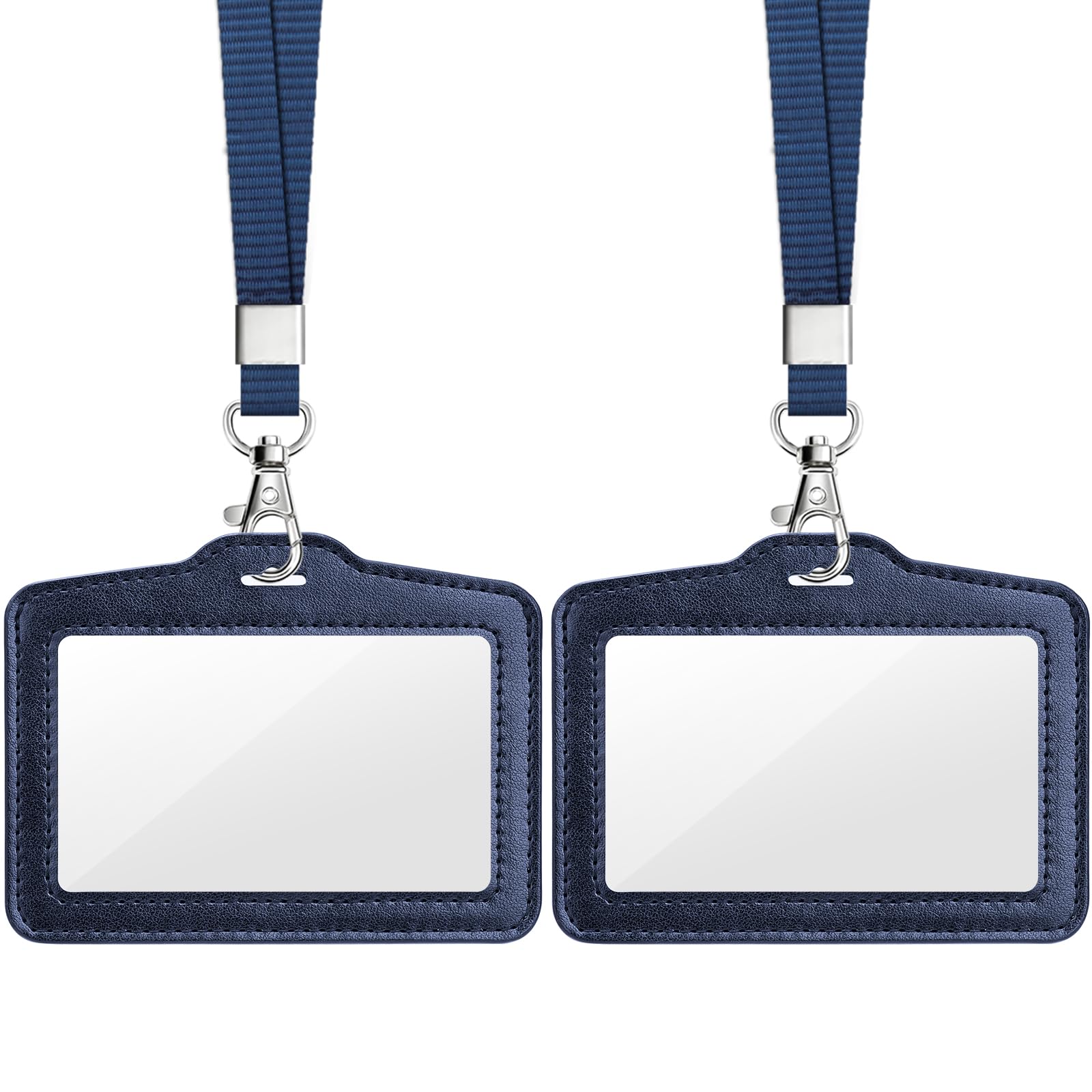 Teskyer 2 Pack Double Sided Clear Badge Holders - Faux Leather with Nylon Lanyard, ID Card Holder for Work/Oyster Card/Bus Pass, Business & Events, Horizontal (Blue)