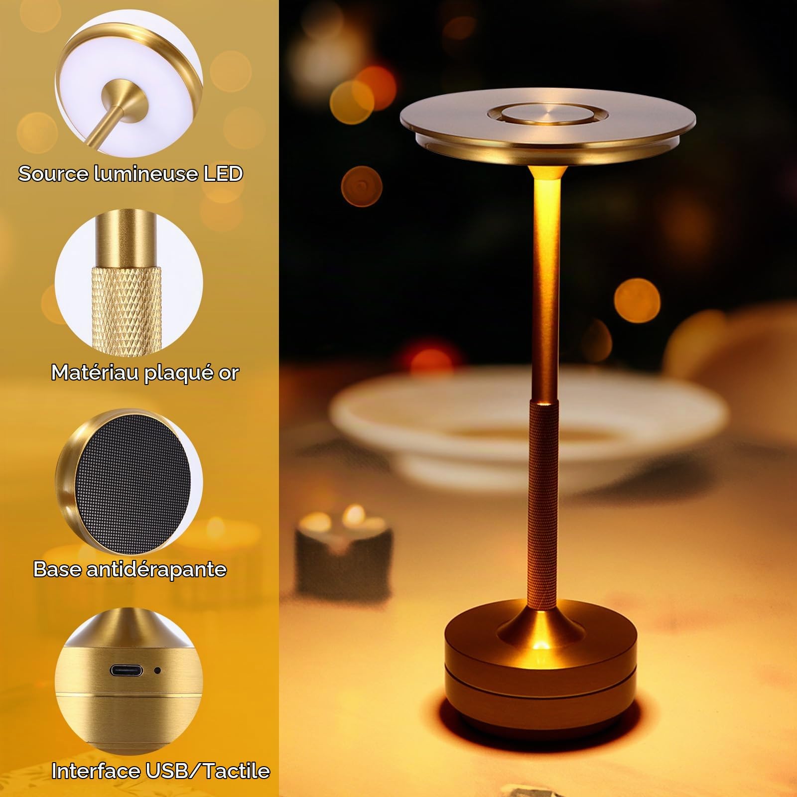 Lampe de chevet avec commande tactile, lampe de bureau LED sans fil, charge USB portable, 3 couleurs d'éclairage à intensité variable pour chambre à coucher, bureau, salon, bar, restaurant, cadeau