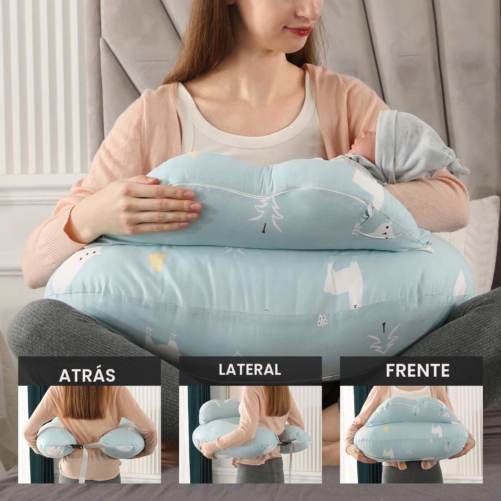 TOPCHANCES Cojín de Lactancia-Multifuncional en Forma de U-Almohada de Lactancia con Funda de Algodón 100% Extraíble y Lavable-Suave y Seguro Madres y Bebés(Oso Blanco Verde,65×55cm)