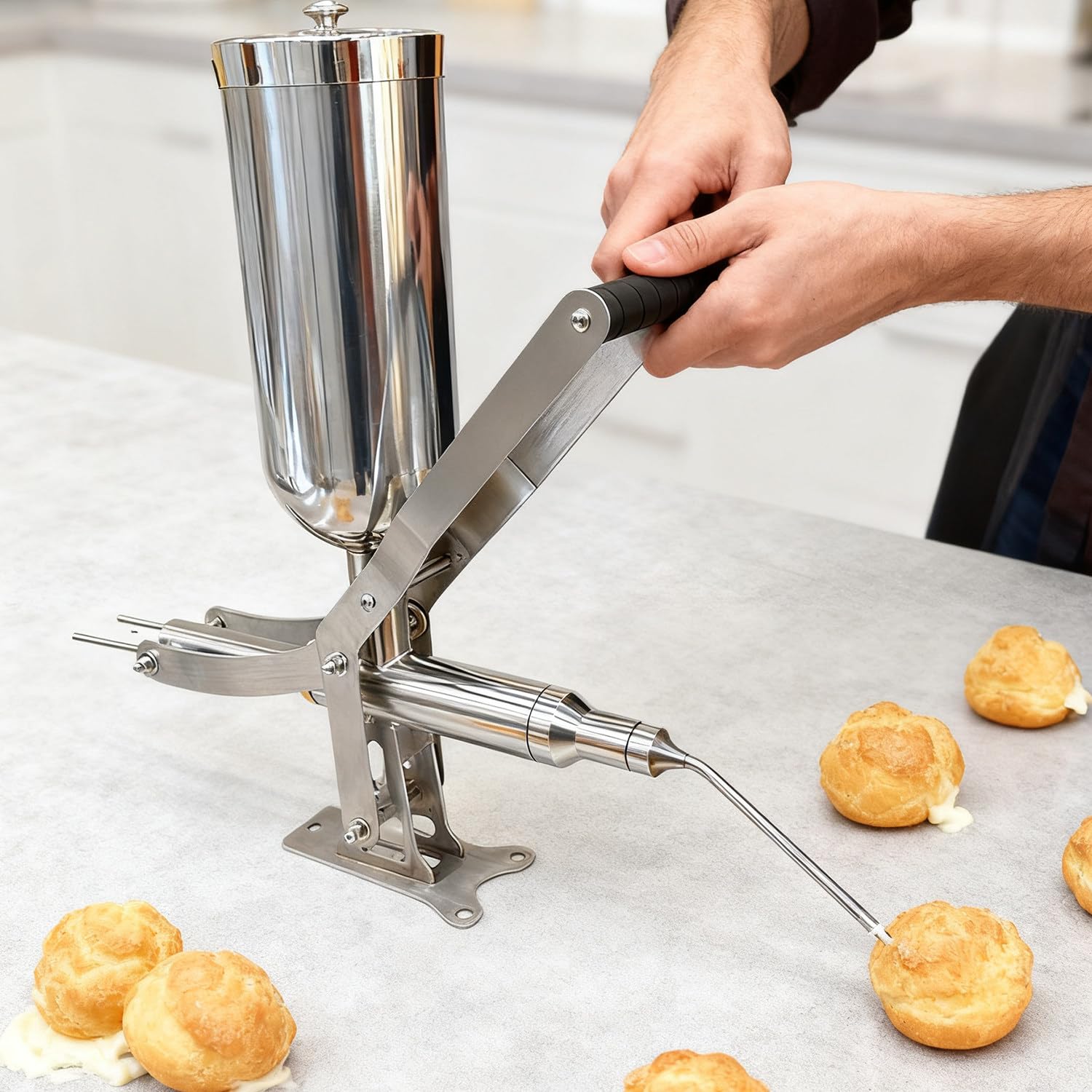 Máquina de Relleno Manual para Donas 5L Acero Inoxidable - Rellenadora Profesional de Crema,Mermelada y Chocolate con 4 Boquillas Antigoteo,para Panaderías y Restaurantes