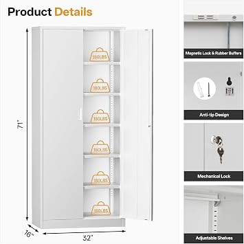 Metal Garage Storage Cabinets,71 Tall Metal File Cabinet with 5 Adjustable Shelves, Lockable Storage Cabinets for Office, Home, Garage, Warehouse 71 H x 32 W x 16 D (White)