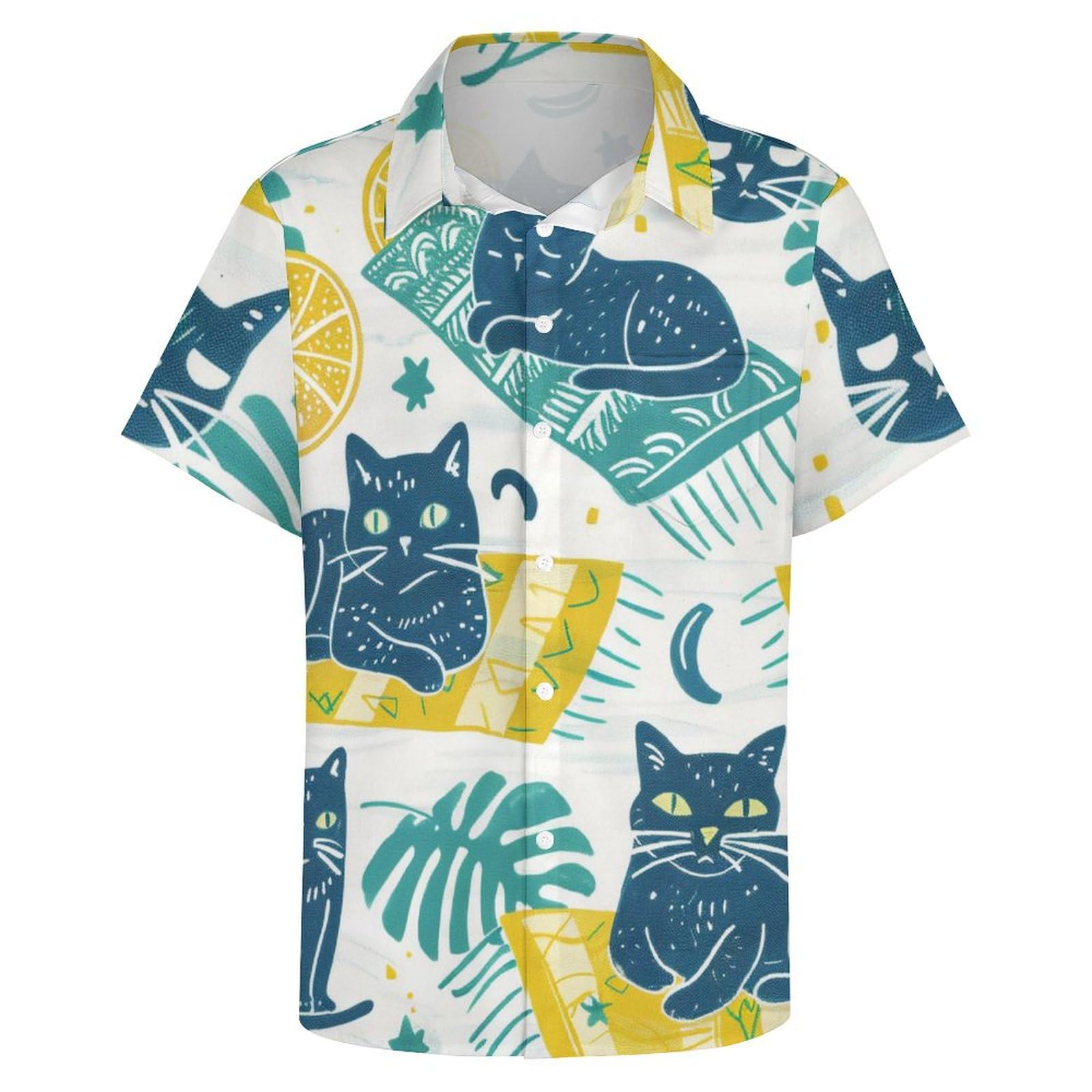Hehanus Men's White3 Hawaiian Shirts Funny Cat Print Short Sleeve Aloha Beach Shirt Cute Cat Summer Button Down Shirt, 3XL