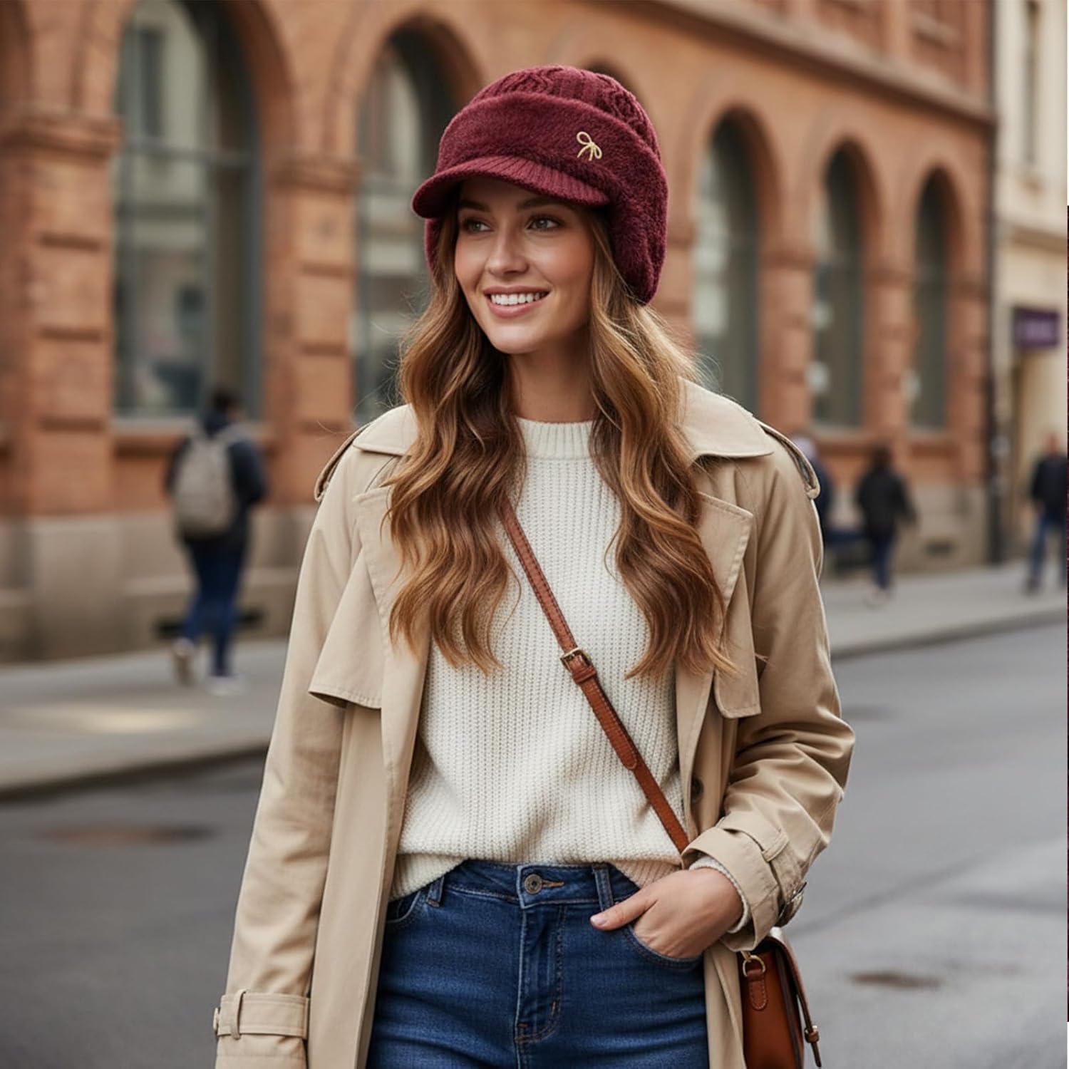 Cozy Head Beanie Winter Hats, Outdoor Elastic Ear Protection Knitted Hat with Brim and Ear Flaps Thick Fleece Lining