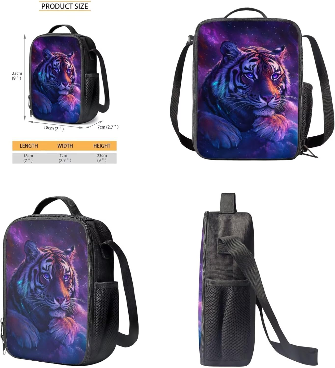Tiger Backpack for Kids Cool Animal Bookbag with Lunch Box Attached Lightweight Purple Insulated Lunch Bag Tote Set of 3 Minimalist Pencil Case for Students